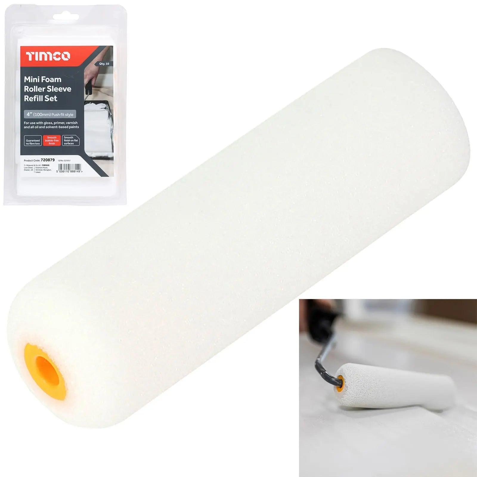 TIMCO Mini Paint Foam Roller Sleeve Refill Set 100mm 4" 10 Pack  White Rose Tools