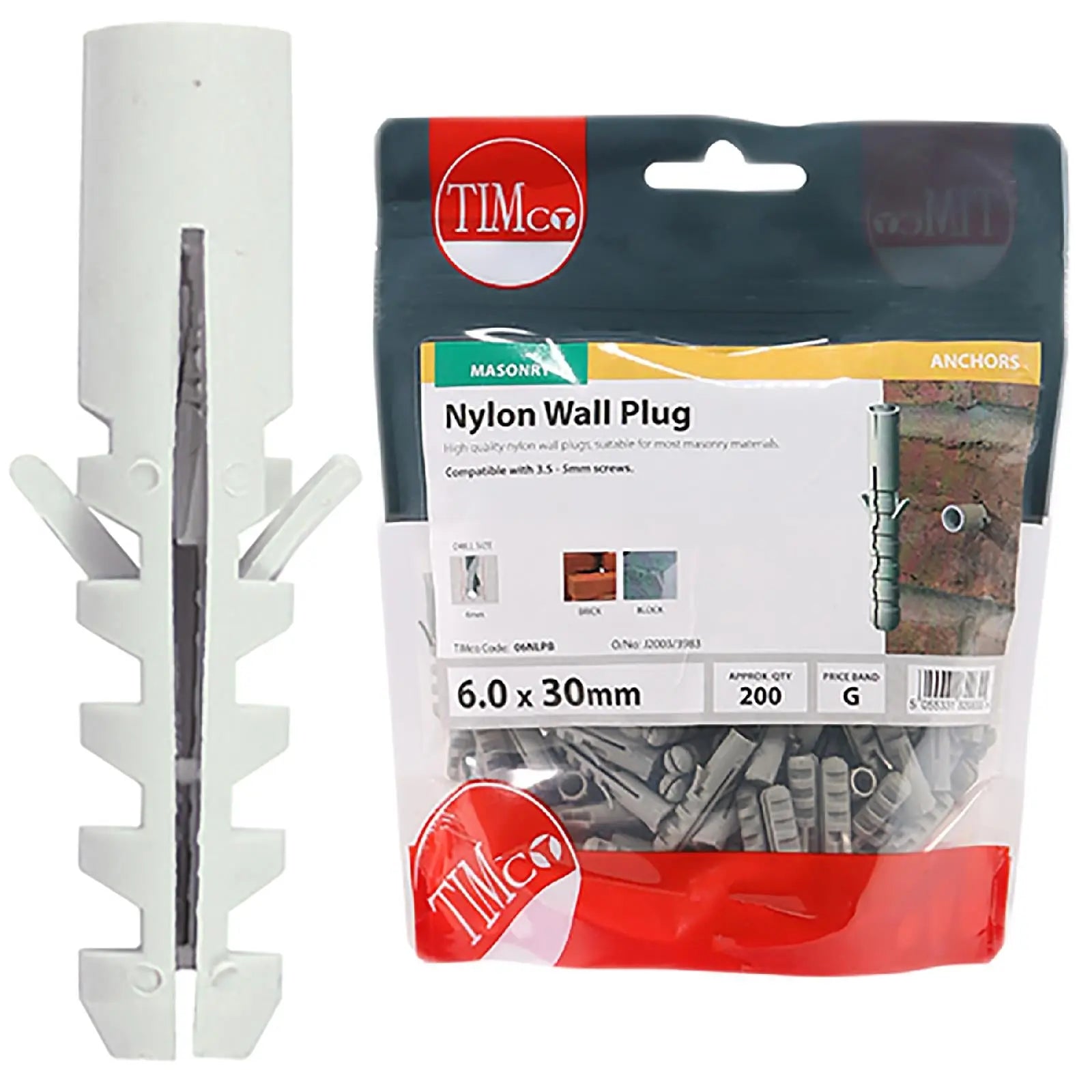 TIMCO Nylon Wall Plug for Coach Screws into Masonry TIMbag Anti Rotation Lug 