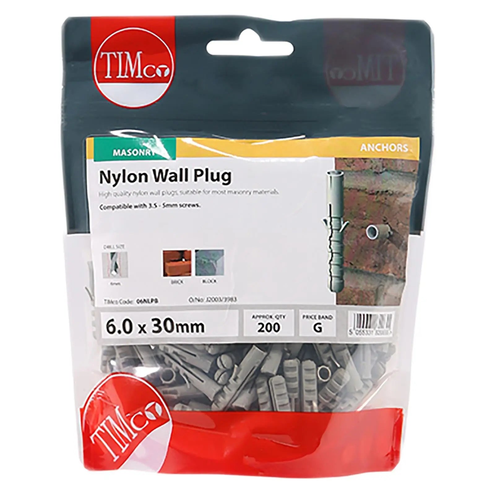 TIMCO Nylon Wall Plug for Coach Screws into Masonry TIMbag Anti Rotation Lug 