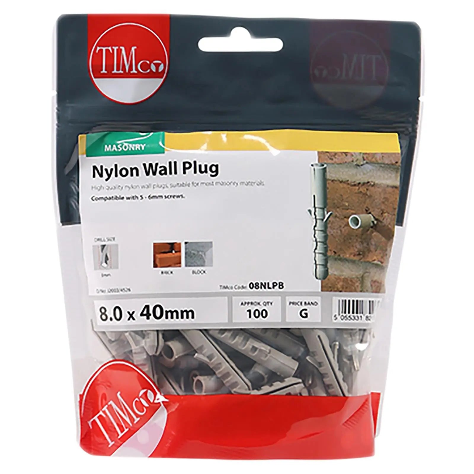 TIMCO Nylon Wall Plug for Coach Screws into Masonry TIMbag Anti Rotation Lug 