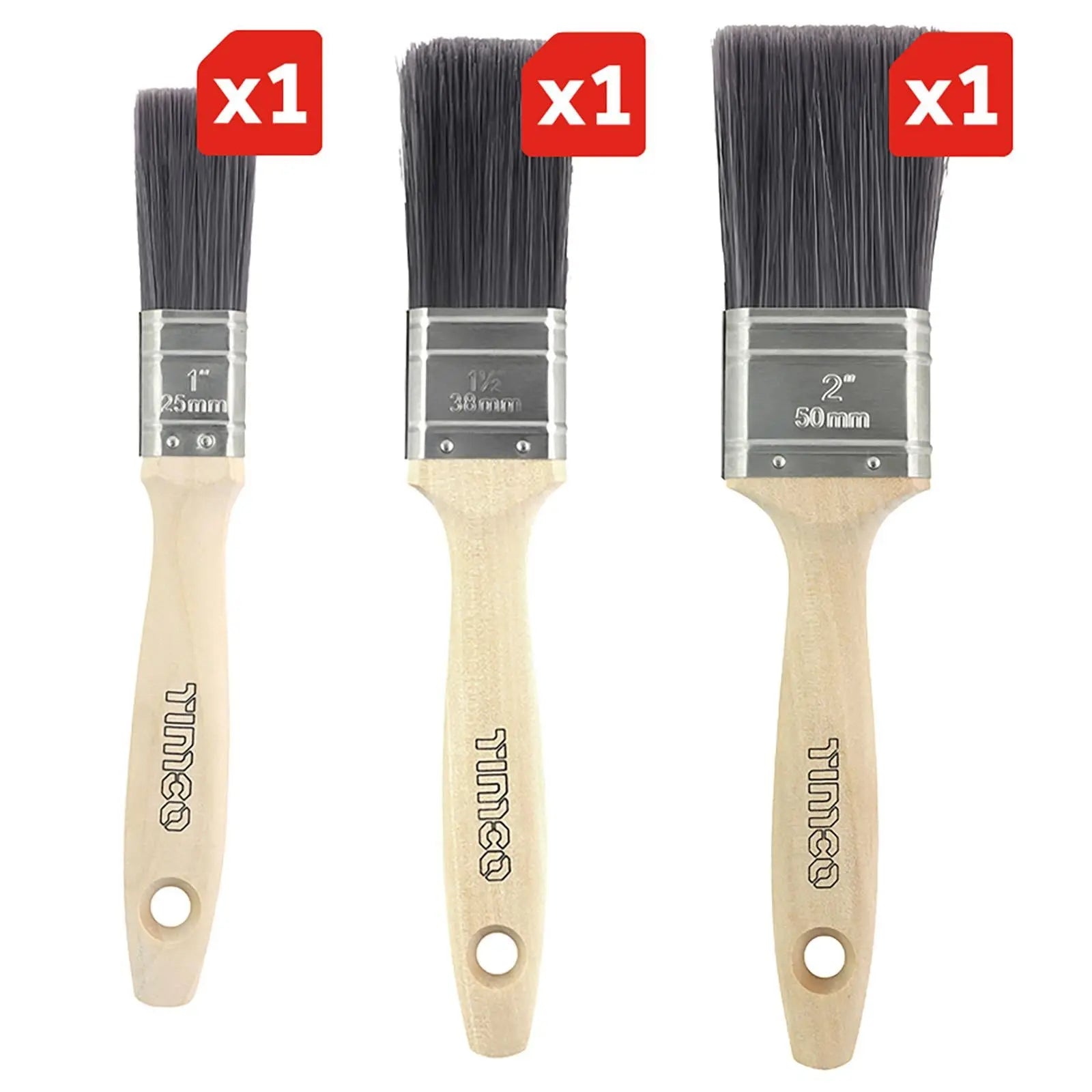 TIMCO Paint Brush Set Professional Synthetic 3 Pack 25mm 38mm 50mm No Bristle Loss  White Rose Tools