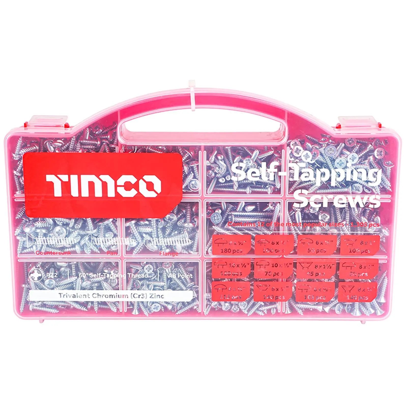 TIMCO Self Tapping Screws Mixed Assortment Tray Pan Countersunk Flange Head 1305 Screws  White Rose Tools