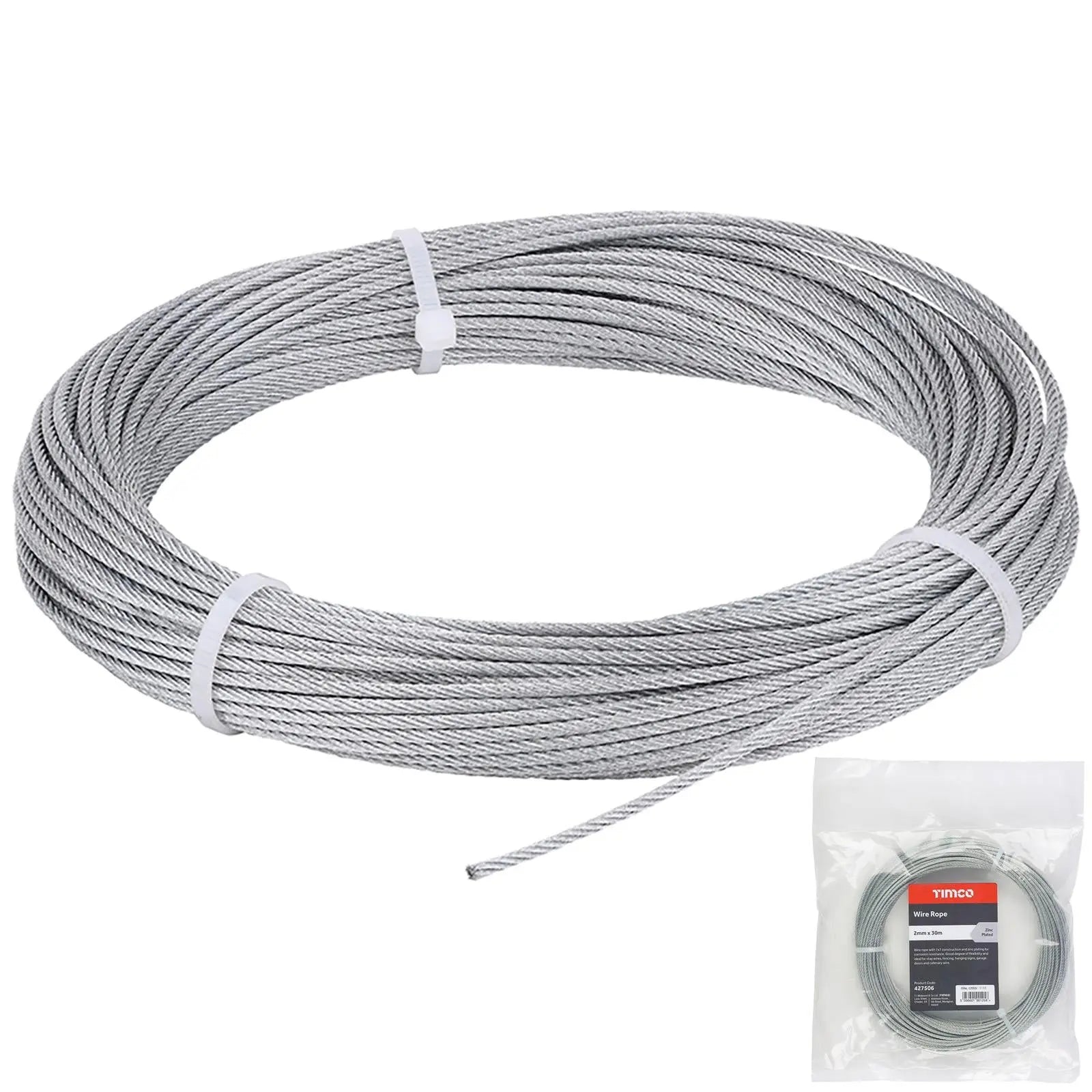 TIMCO Wire Rope Zinc Plated 7x7 Construction - Choose Size  White Rose Tools