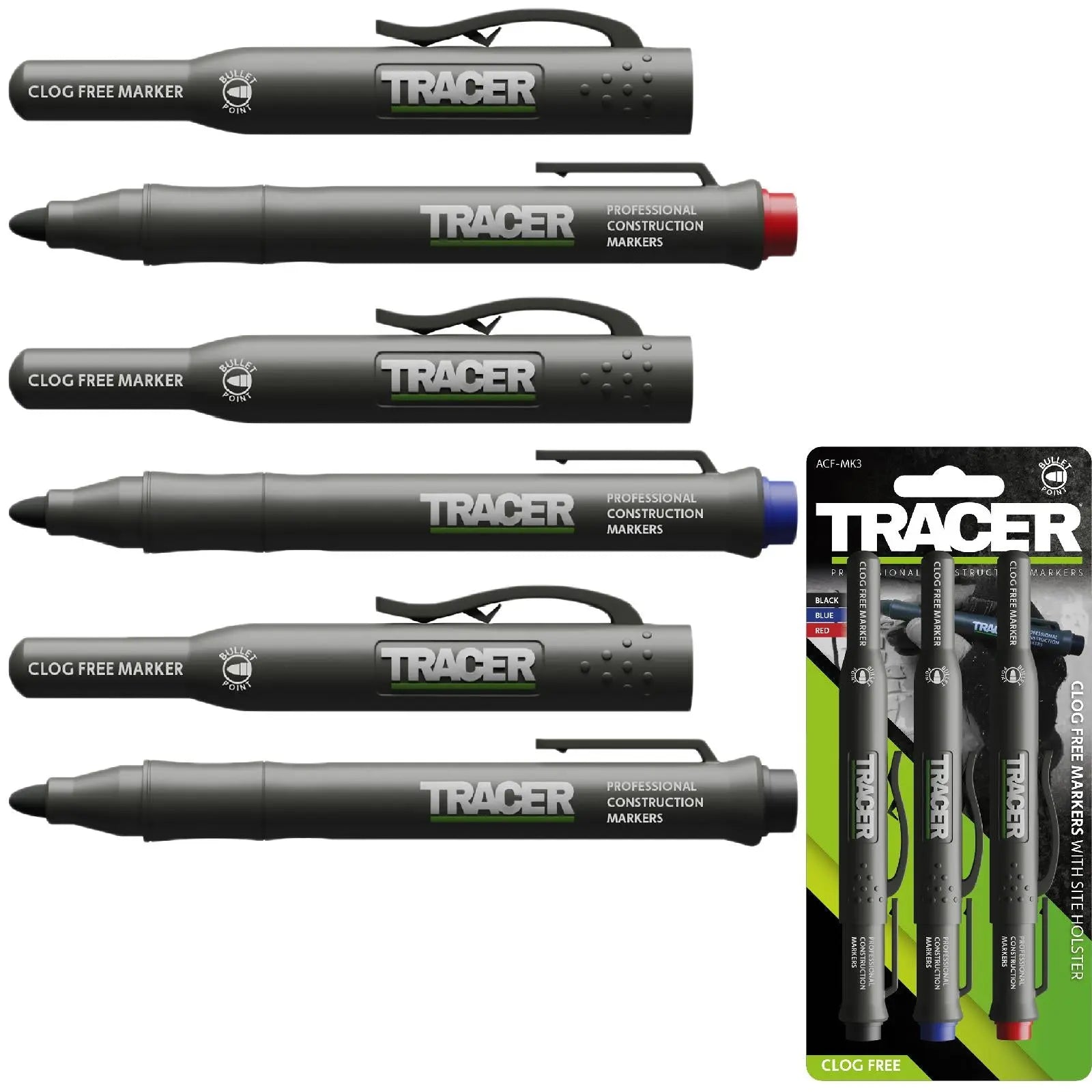TRACER Clog Free Permanent Marker Kit 3 Piece Pack (Black Blue Red) comes with Site Holsters 