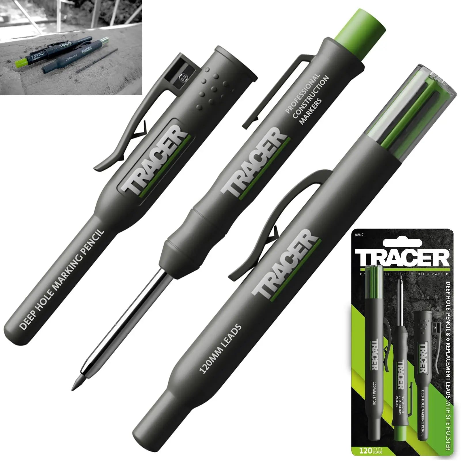 TRACER Deep Hole Pencil Marker with ALH1 6 Replacement Leads with Site Holster 