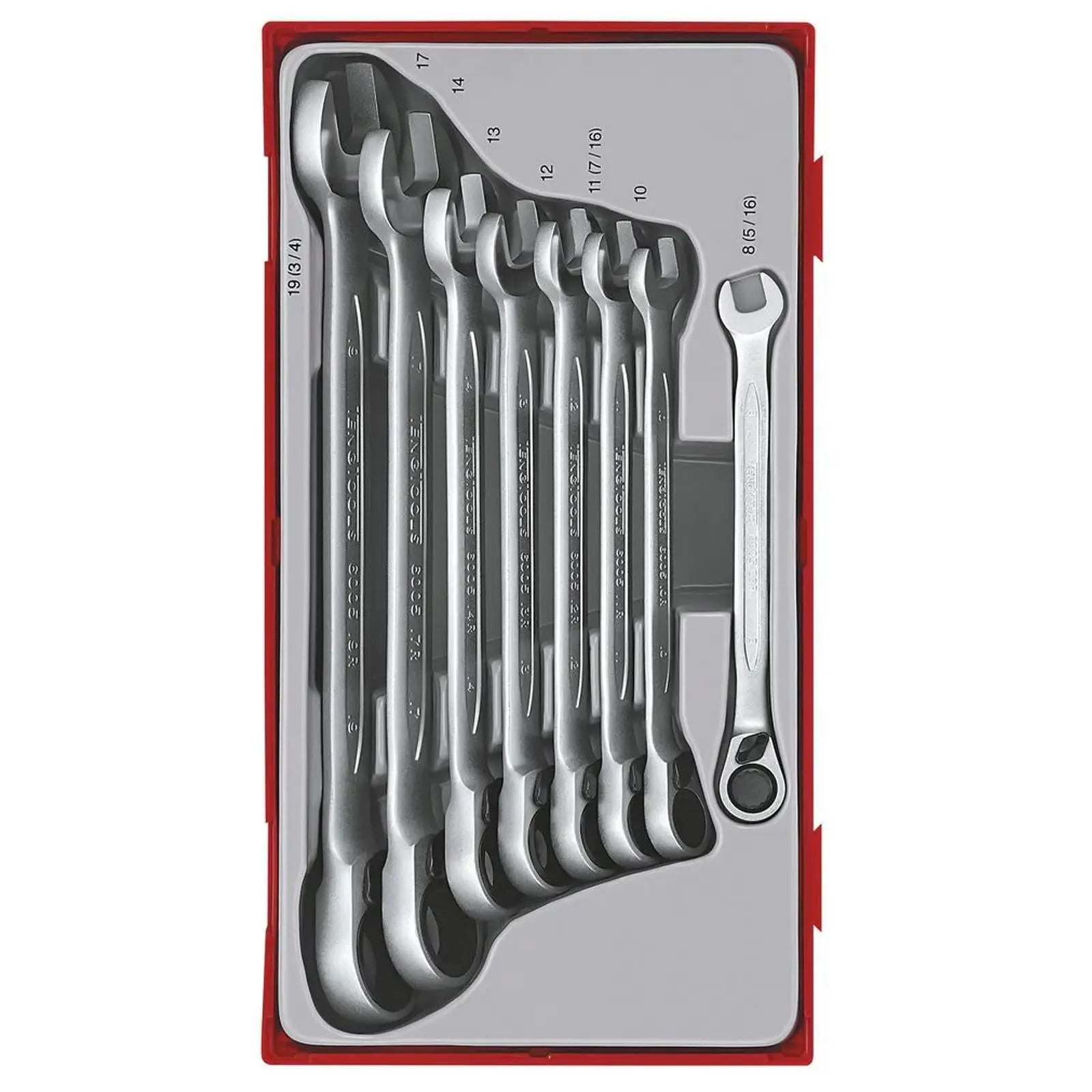 Teng Tools Ratchet Combination Spanner Set Fixed Head 8-19mm 8 Pieces TT6508R  White Rose Tools