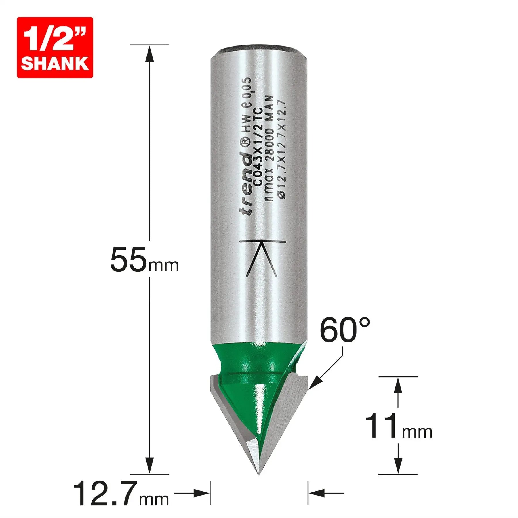 Trend Chamfer V Groove Cutter Angle=60 Degrees C043X1/2TC  White Rose Tools