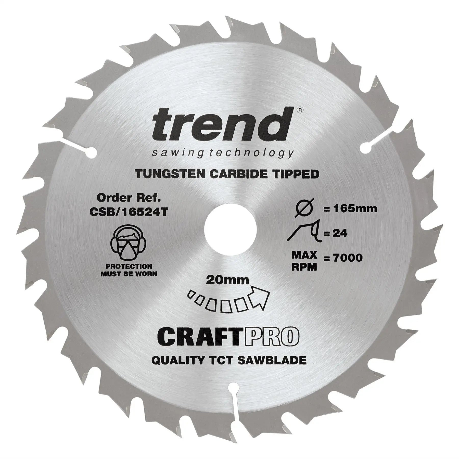 Trend Craft Pro 165mm Diameter 20mm Bore 24 Tooth Combination Cut Thin Kerf Saw Blade For Cordless Circular Saws CSB/16524T  White Rose Tools