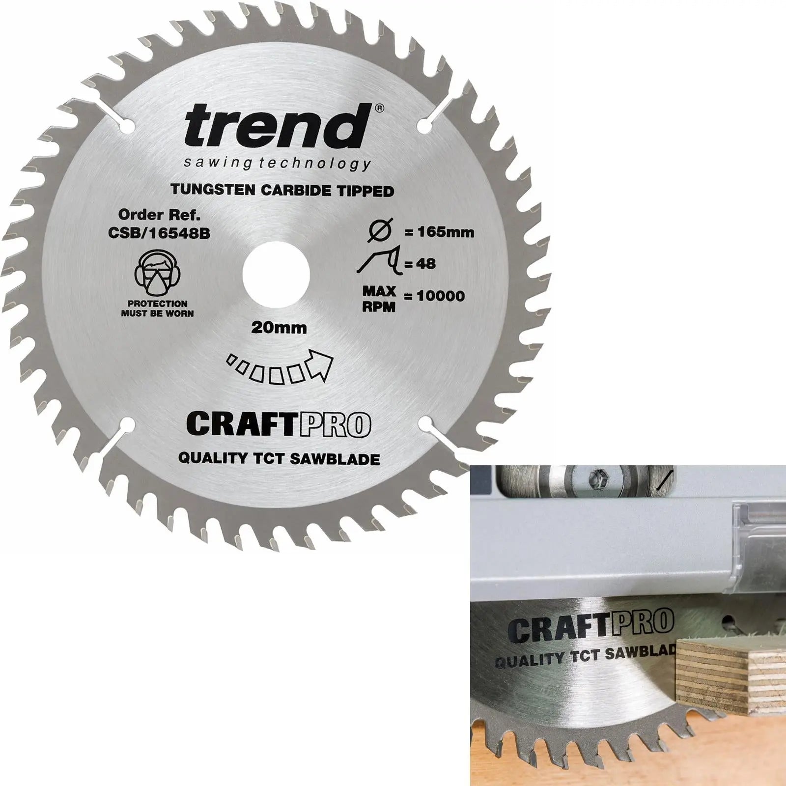 Trend Craft Pro 165mm Diameter 20mm Bore 48 Tooth Fine Finish Cut Saw Blade For Plunge Saws CSB/16548B 