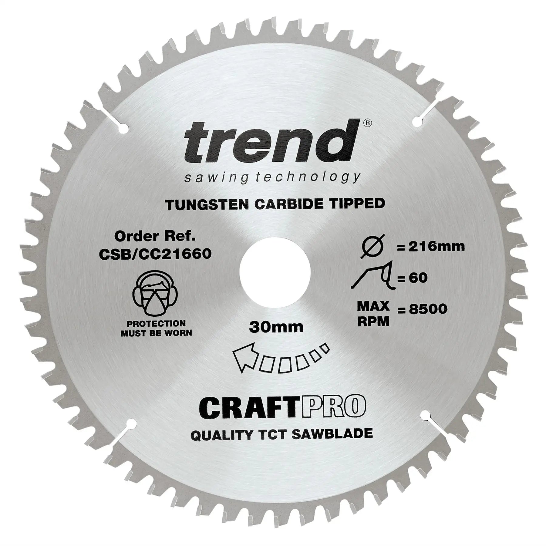 Trend Craft Pro 216mm Diameter 30mm Bore 60 Tooth Fine Finish Cut Saw Blade For Hand Held Circular Saws CSB/CC21660 
