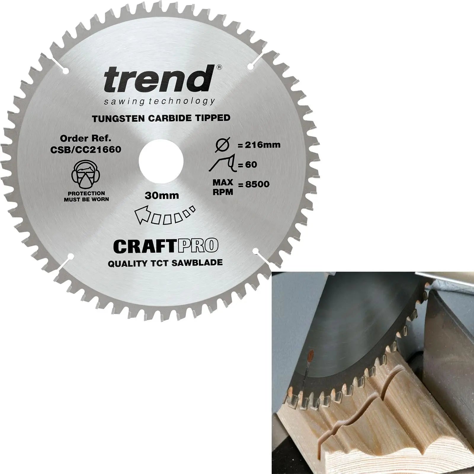 Trend Craft Pro 216mm Diameter 30mm Bore 60 Tooth Fine Finish Cut Saw Blade For Hand Held Circular Saws CSB/CC21660 