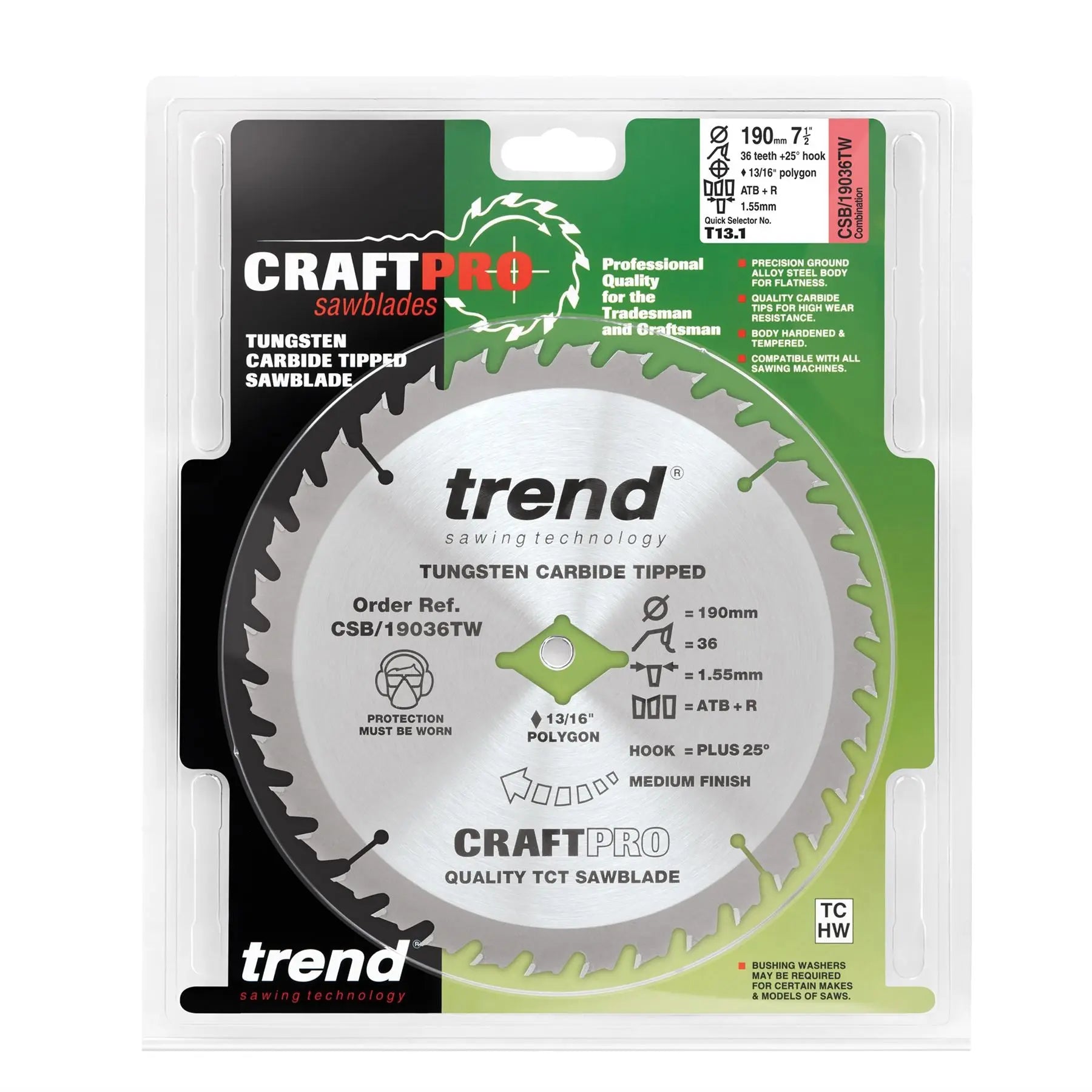 Trend Craft Sawblade 190mm X 36 Teeth X 5/8 Thin Wormdrive CSB/19036TW  White Rose Tools