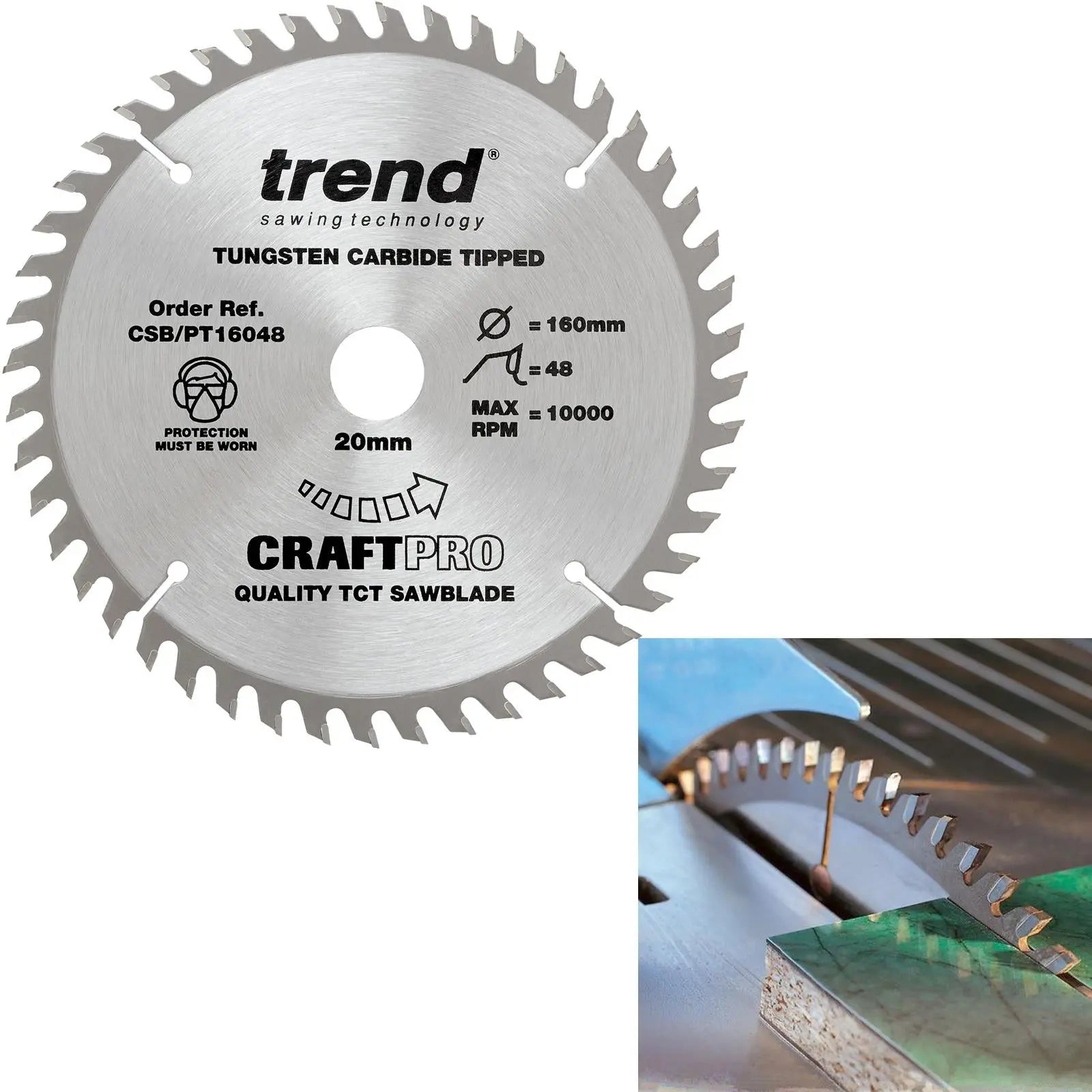 Trend Craftpro 160mm Diameter 20mm Bore 48 Tooth Fine Finish Cut Saw Blade For Plunge Saws CSB/PT16048 