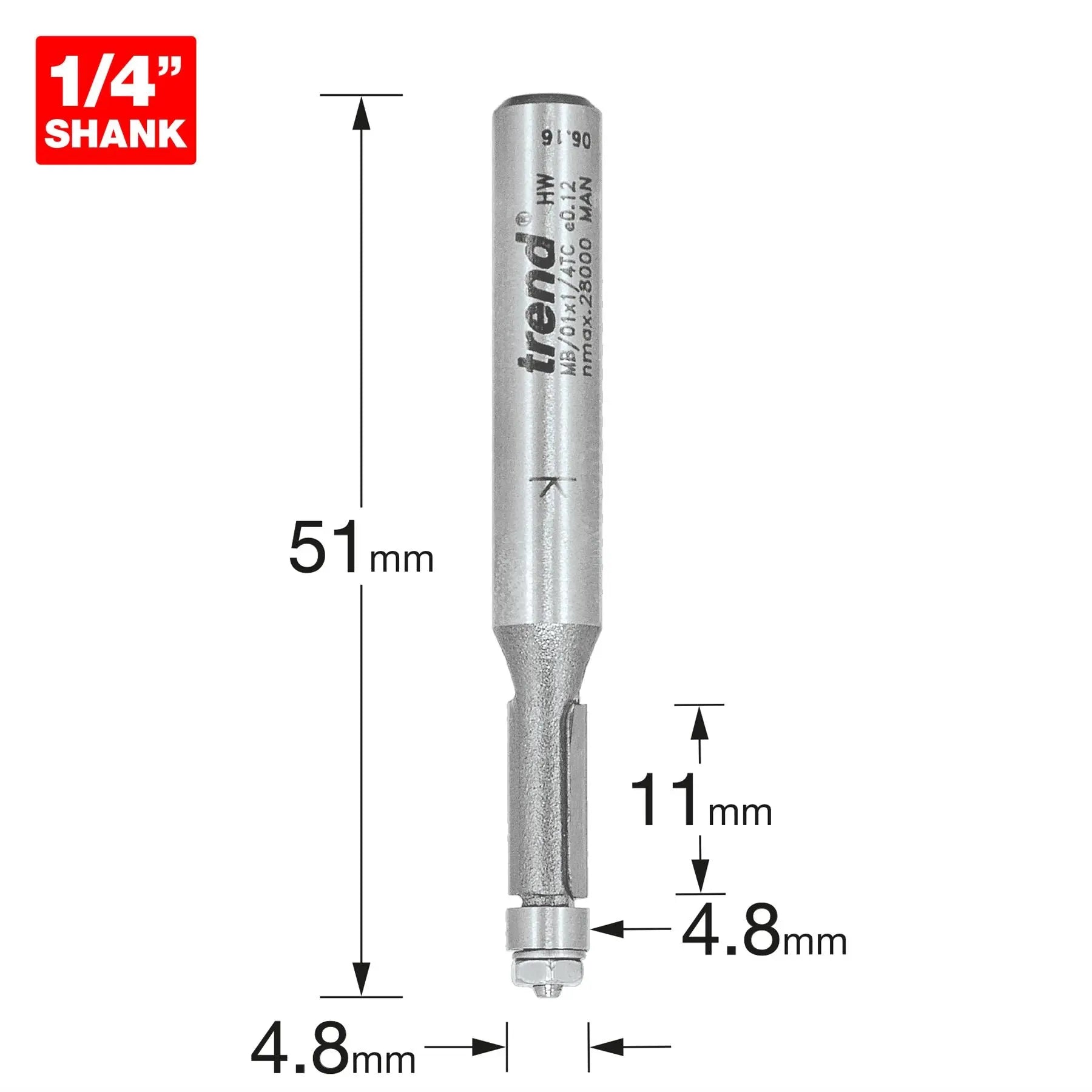 Trend Mini Guided Trimmer 4.8 Diameter X 11mm  MB/01X1/4TC  White Rose Tools