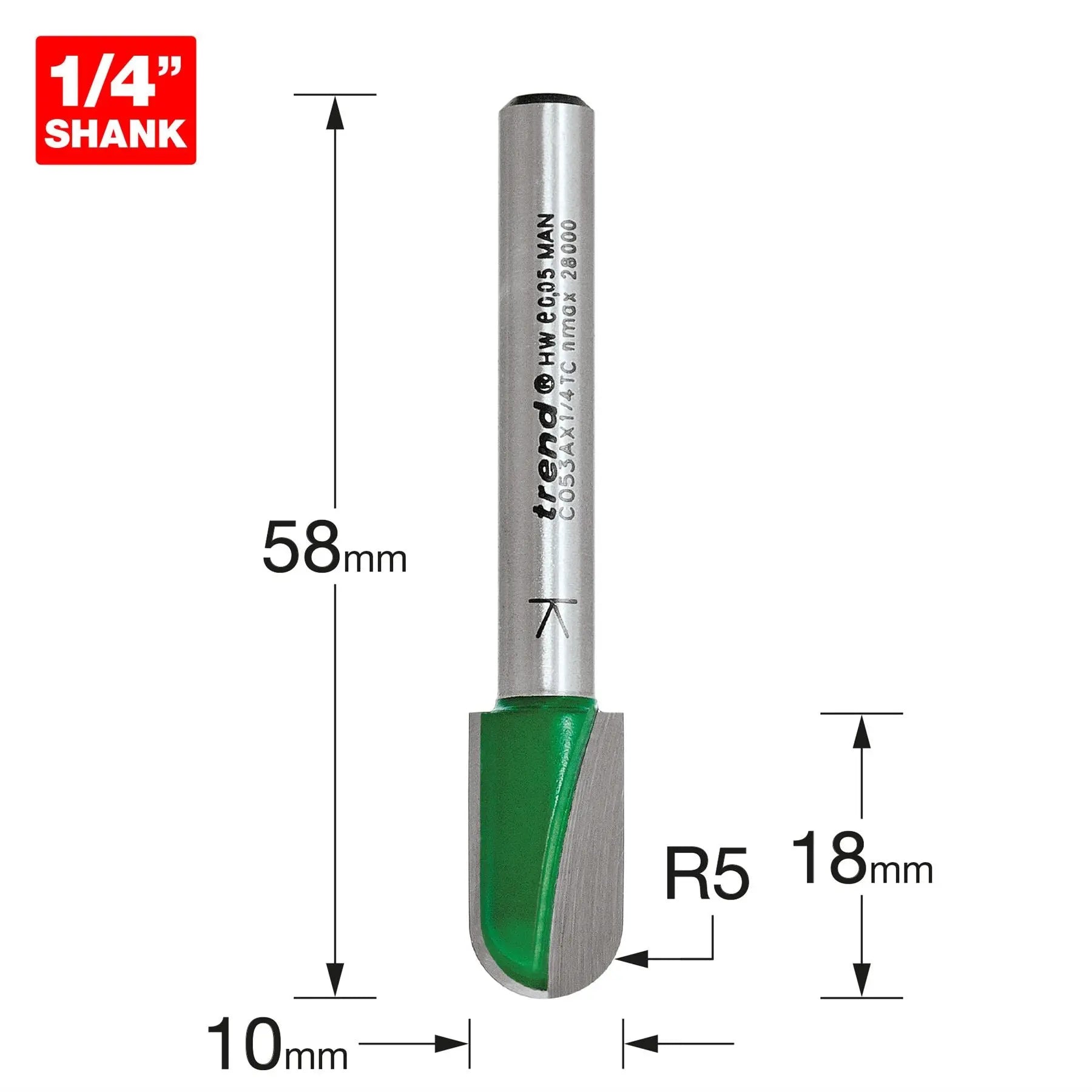 Trend Radius 5.0mm Radius X 18mm Cut C053AX1/4TC  White Rose Tools