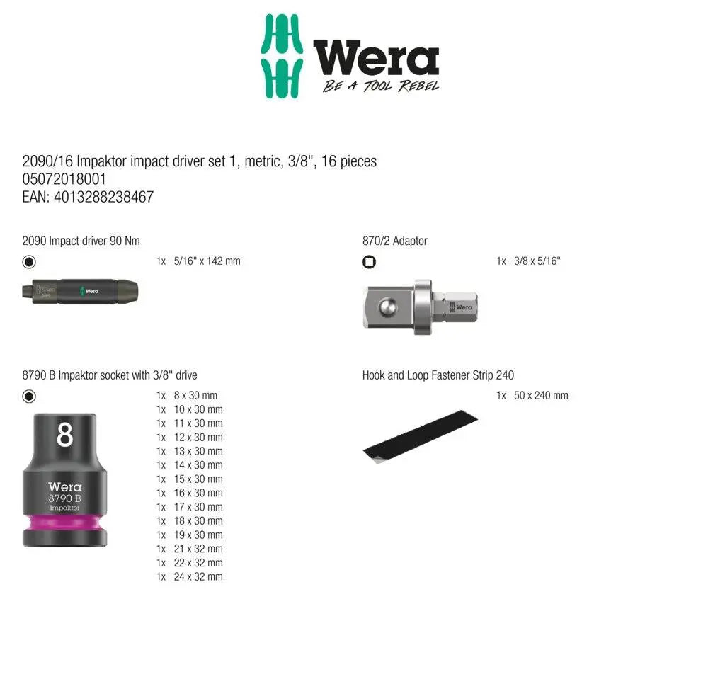 Wera 2090/16 Impaktor Impact Driver Set 1 Metric 3/8" Drive 16 Pieces  White Rose Tools