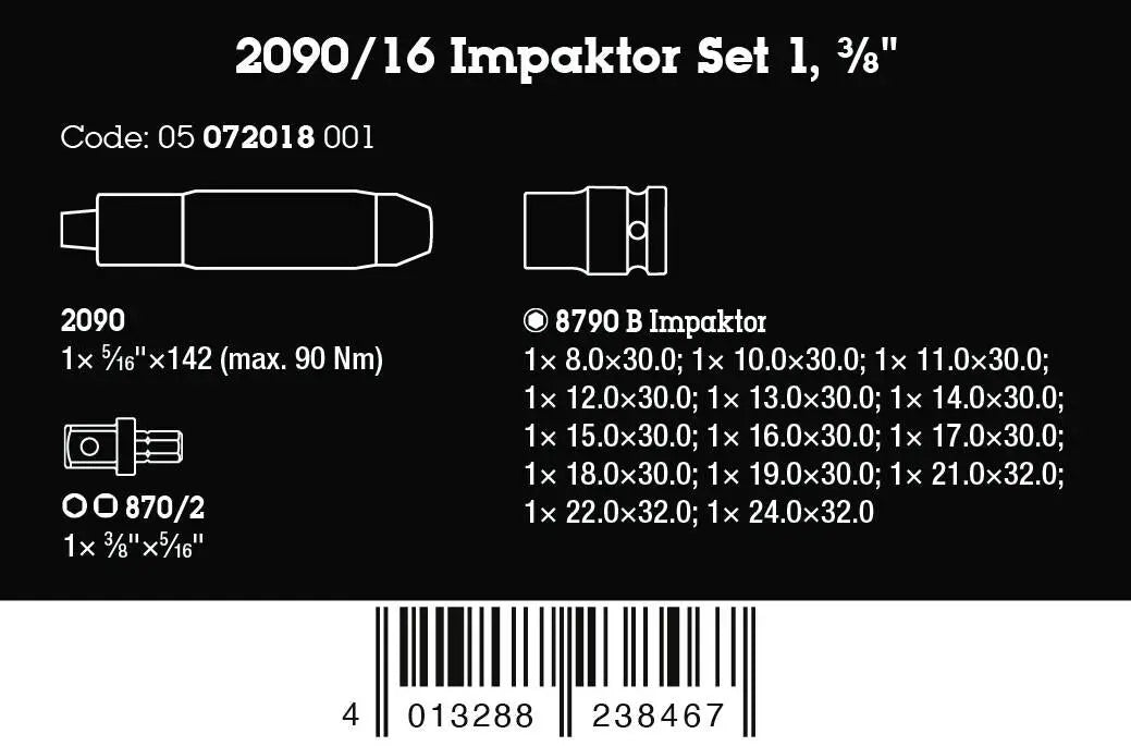 Wera 2090/16 Impaktor Impact Driver Set 1 Metric 3/8" Drive 16 Pieces  White Rose Tools