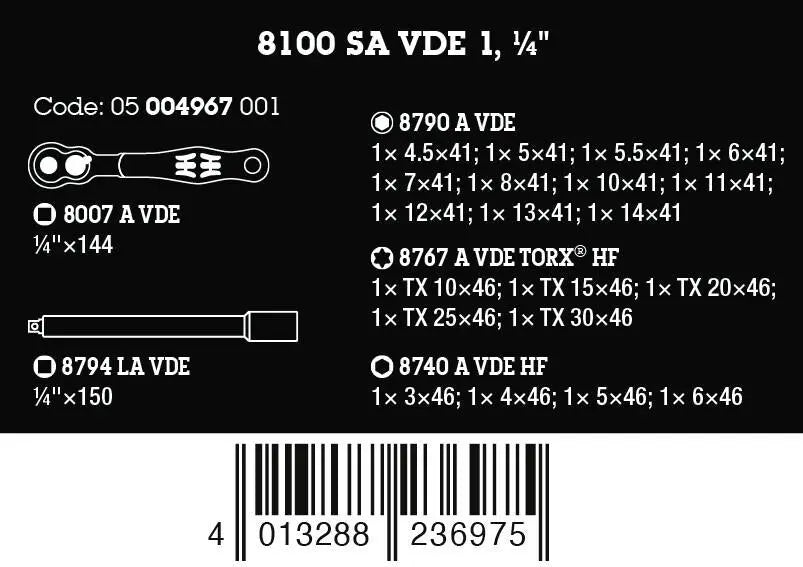 Wera 8100 SA VDE 1 Zyklop Ratchet Set Insulated Reversible 1/4" Drive Metric in Case 22 Pieces  White Rose Tools
