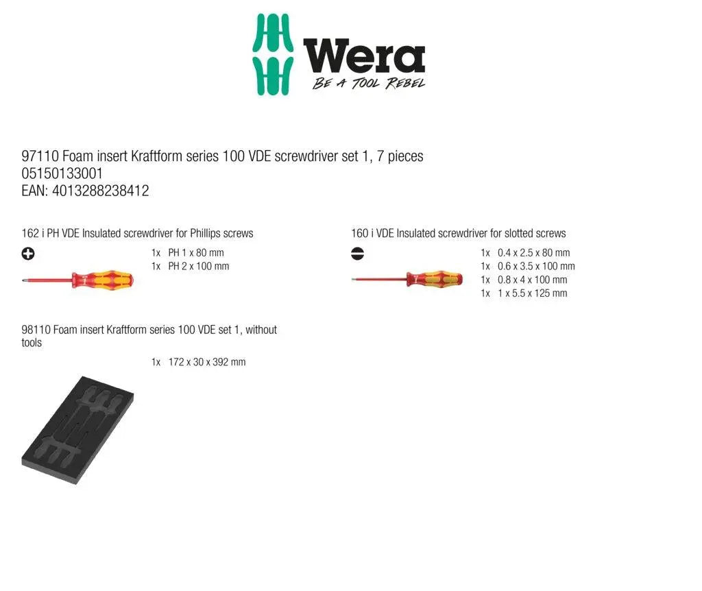 Wera 97110 Foam Insert Kraftform Series 100 VDE Screwdriver Set 1, 7 Pieces  White Rose Tools