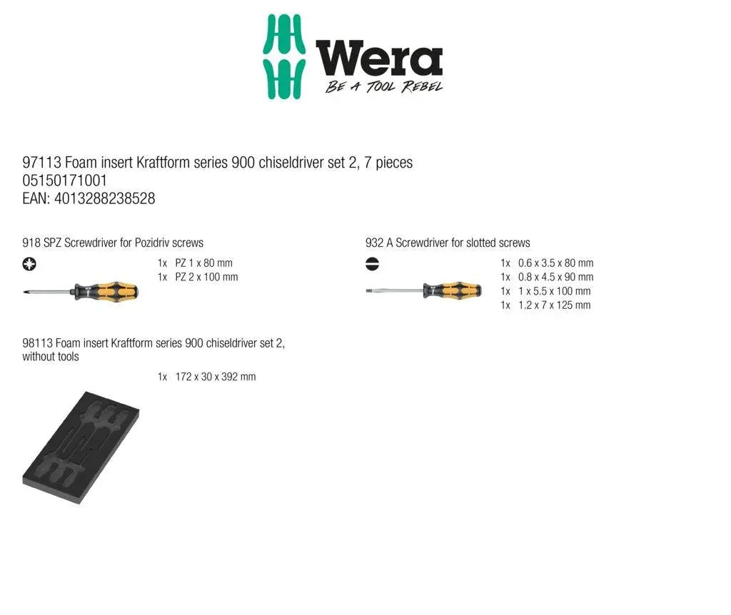 Wera 97113 Foam Insert Kraftform Series 900 Chiseldriver Set 2, 7 Pieces  White Rose Tools
