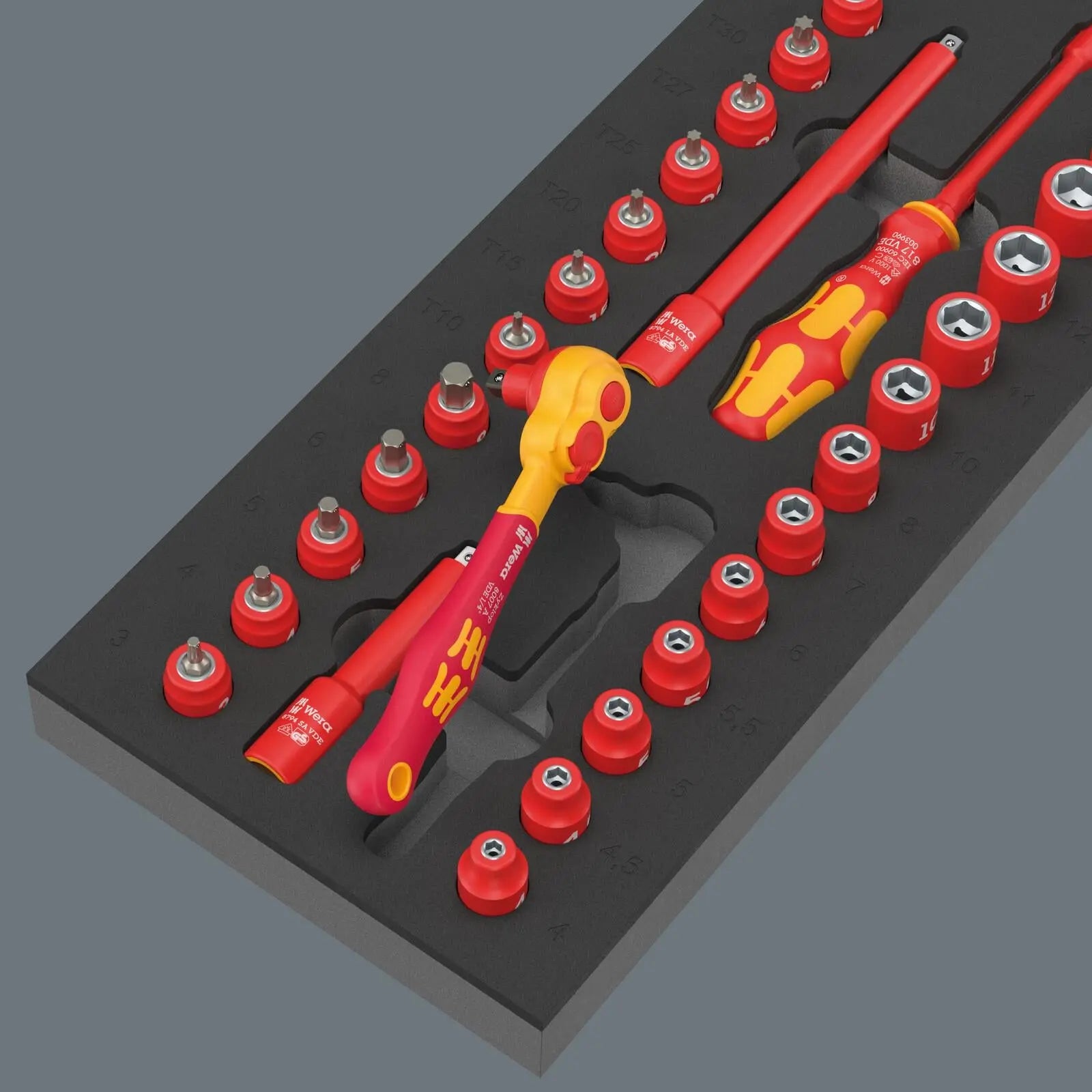 Wera 9727 Foam Insert 8007 A VDE Zyklop VDE Ratchet Set 1 Insulated 1/4" Drive 30 Pieces  White Rose Tools