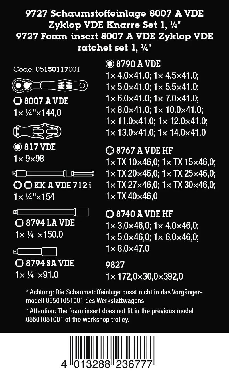 Wera 9727 Foam Insert 8007 A VDE Zyklop VDE Ratchet Set 1 Insulated 1/4" Drive 30 Pieces  White Rose Tools