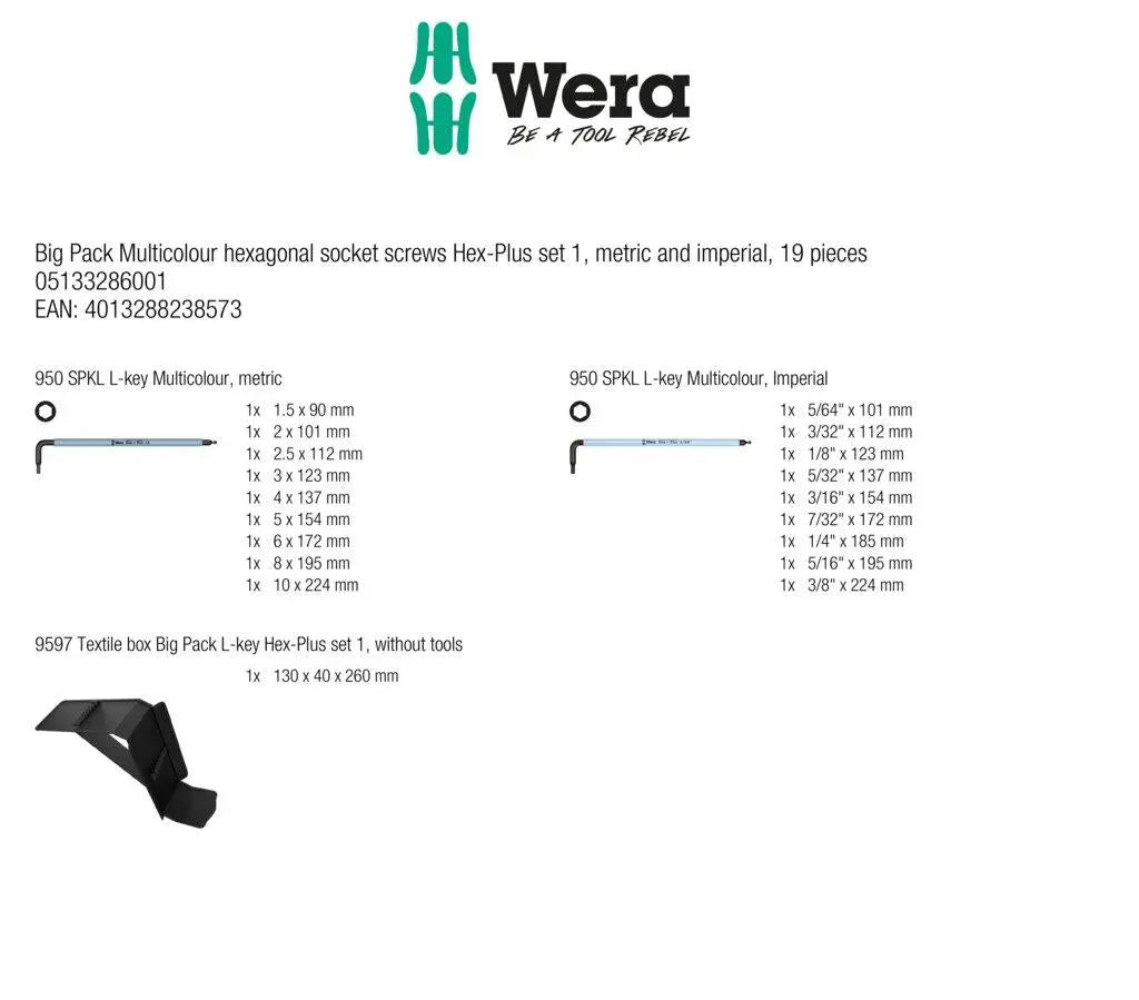 Wera Big Pack Multicolour Hexagonal Socket Screws Hex-Plus Set 1 Metric and Imperial Hex Keys 19 Pieces  White Rose Tools