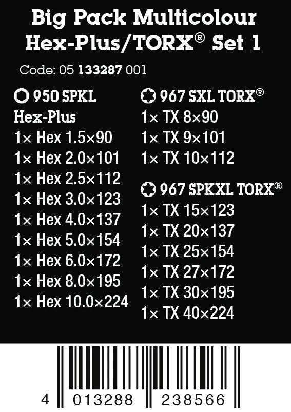Wera Big Pack Multicolour L-Key Hexagonal Socket Screws Metric / TORX Set 1, 19 Pieces  White Rose Tools
