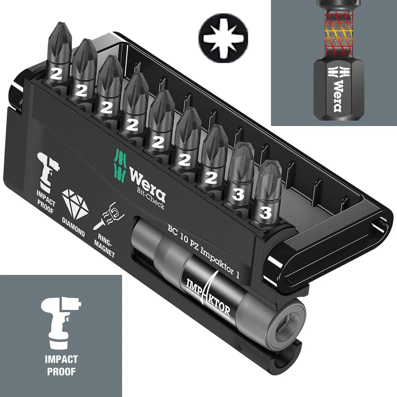 Wera Bit Check 10 Impaktor 1 10 Piece Pozi Impact Screwdriver Bit Set with Bit Holder 