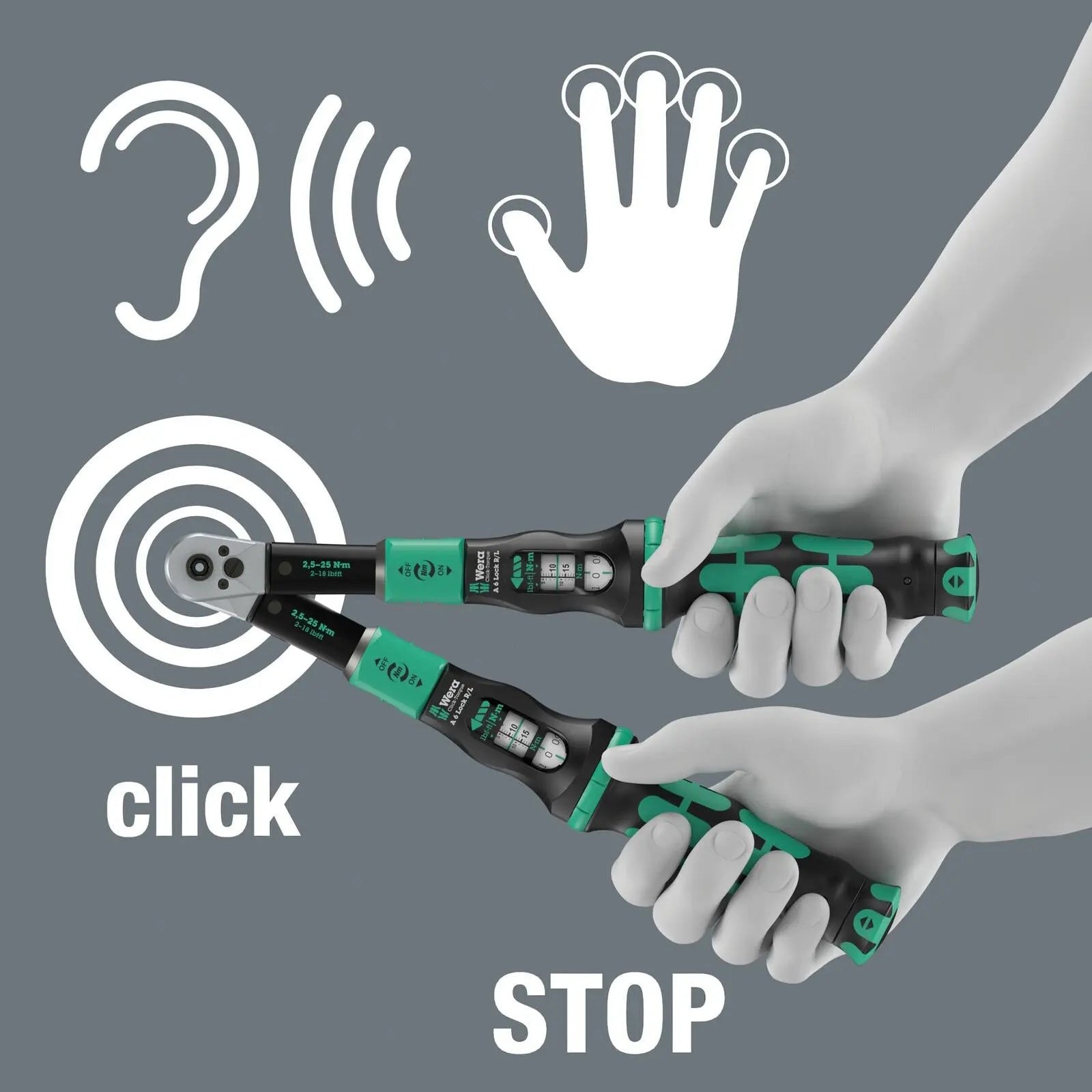 Wera Click Torque Lock Wrench A 6 R/L Reversible Ratchet 2.5-25 Nm 1/4" Hex Reversible Torque Operation  White Rose Tools