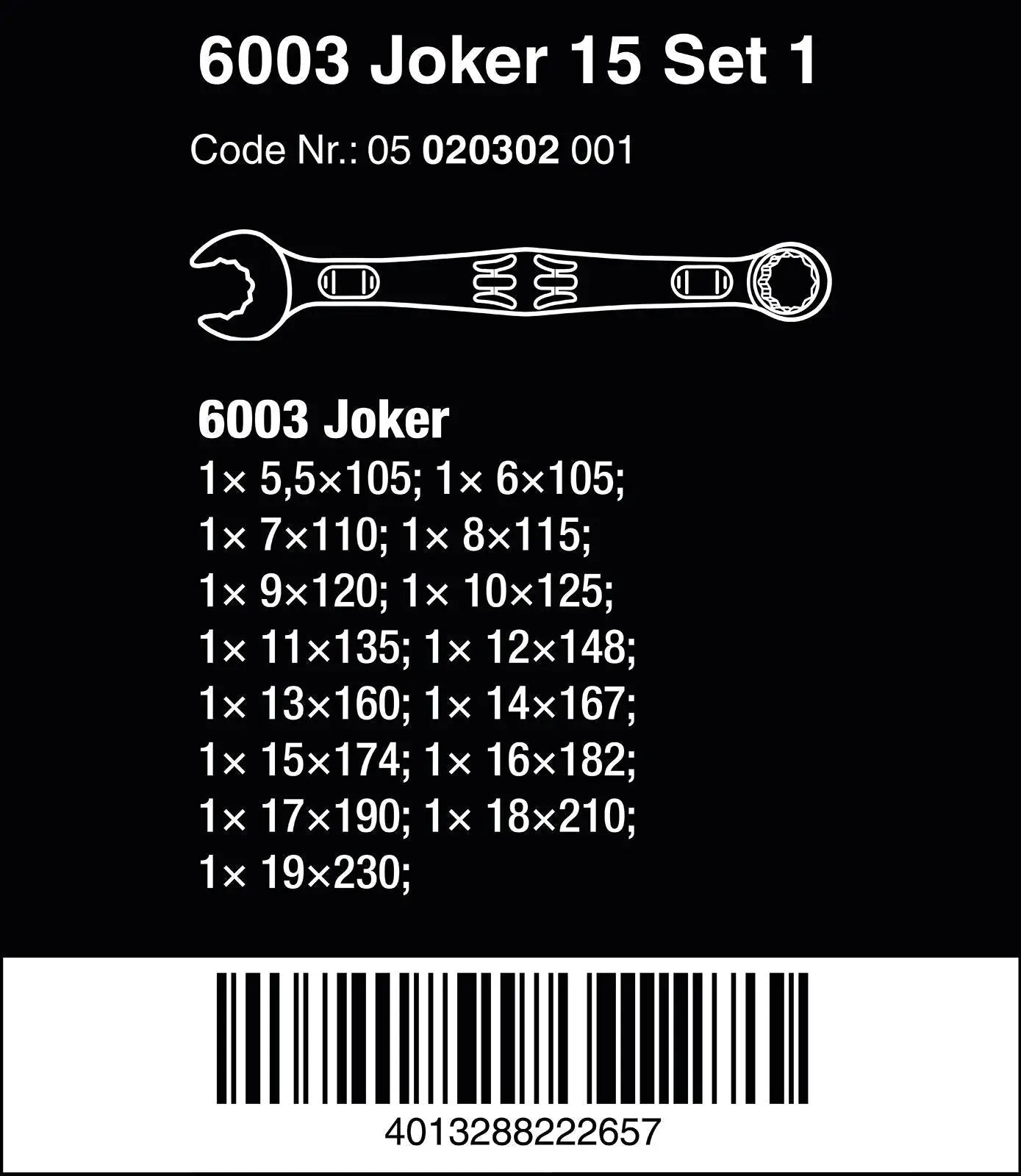 Wera Combination Spanner Wrench Set 6003 Joker 15 Set 1 Metric 15 Pieces 5.5-19mm 