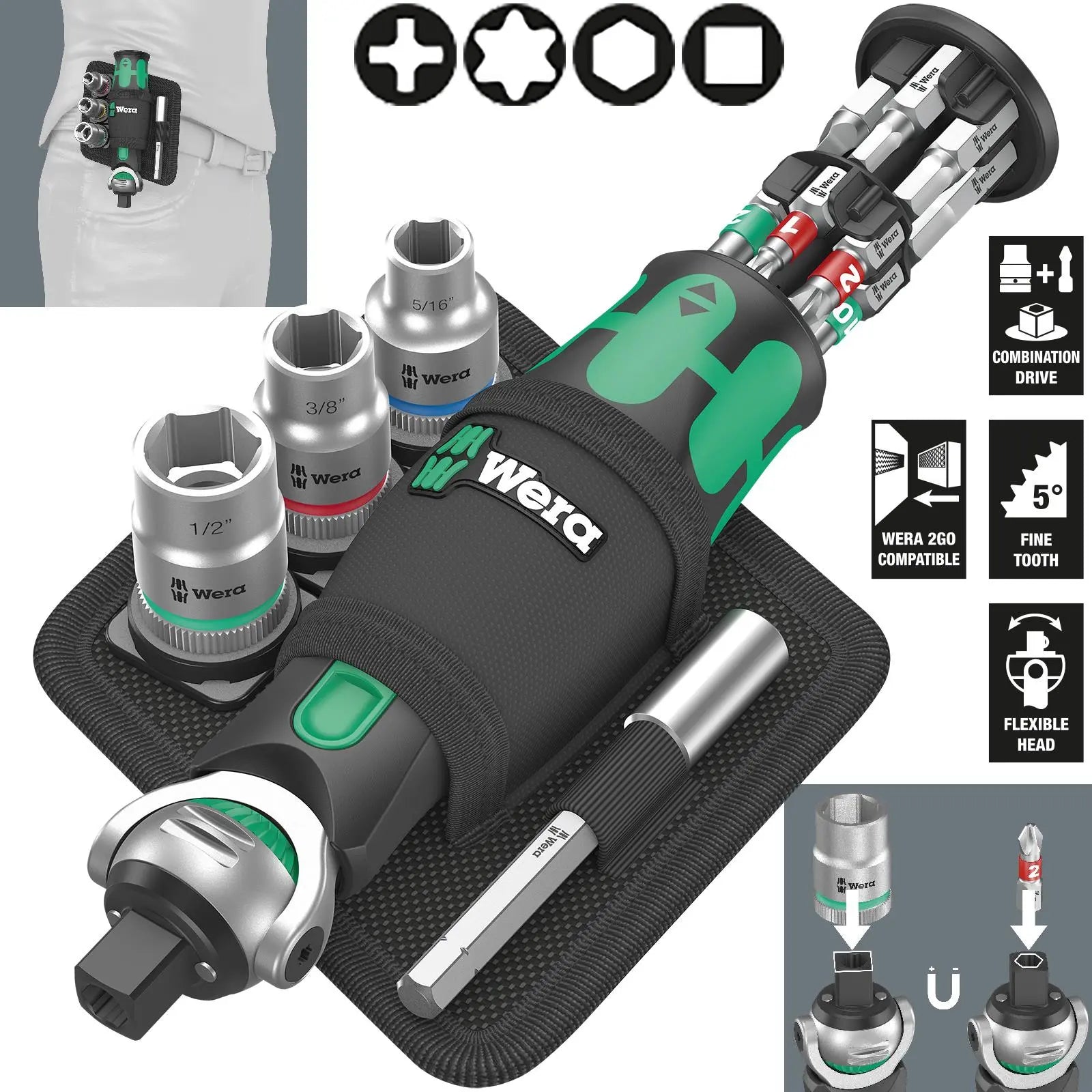 Wera Compact Screwdriver Socket Wrench Zyklop Pocket Imperial Set 2 18 Pieces 8009 3/8" Drive 1/4" Hex 