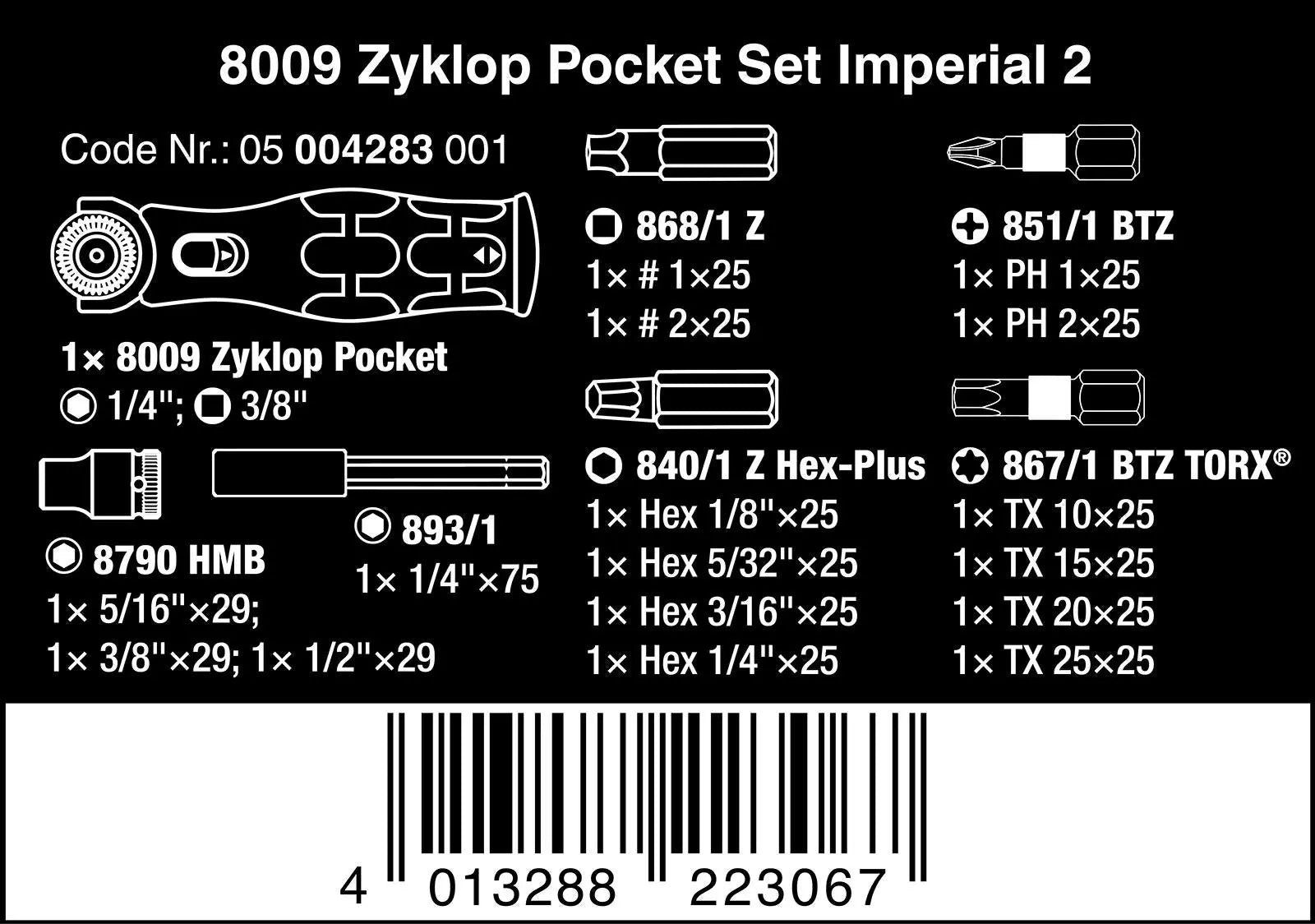 Wera Compact Screwdriver Socket Wrench Zyklop Pocket Imperial Set 2 18 Pieces 8009 3/8" Drive 1/4" Hex 