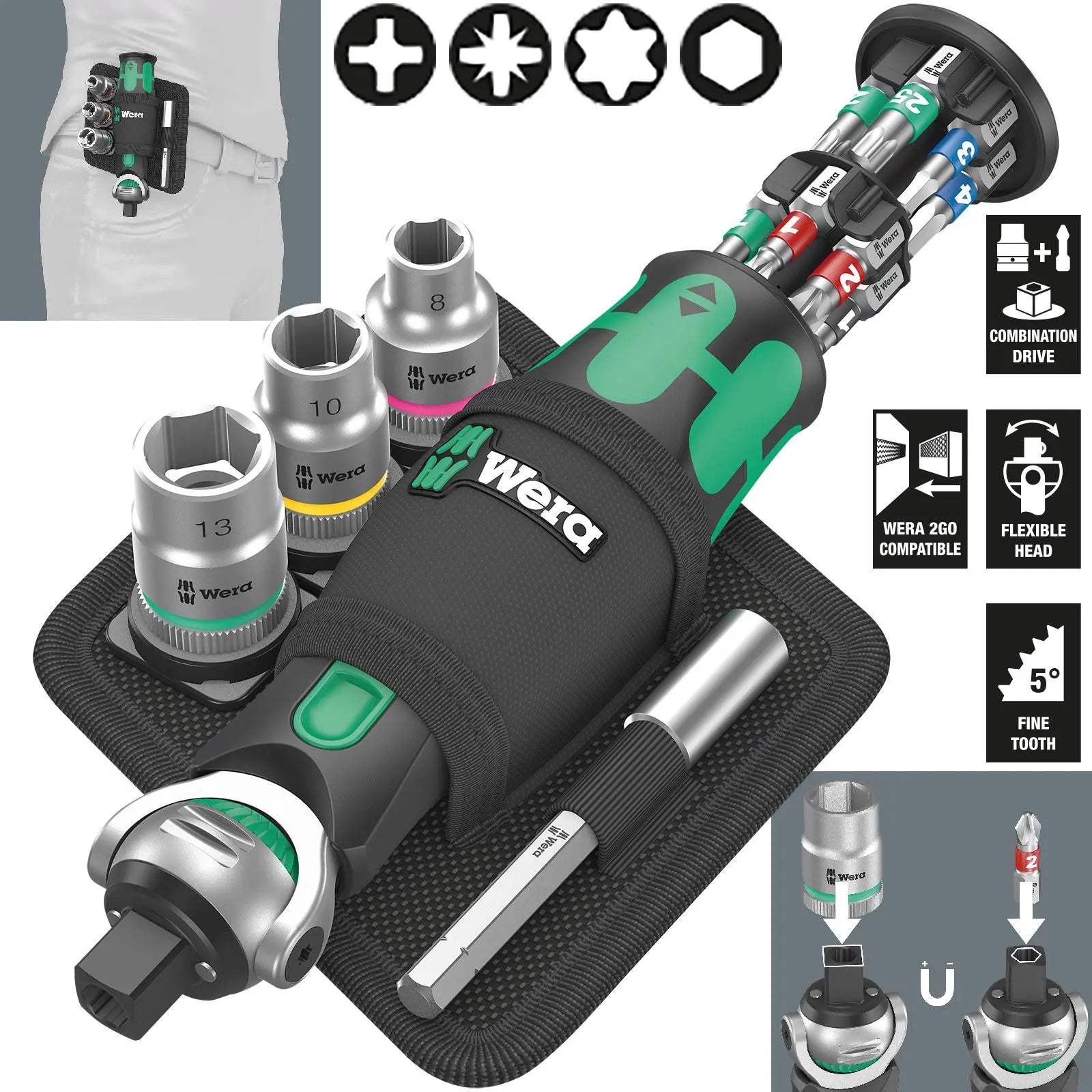Wera Compact Screwdriver Socket Wrench Zyklop Pocket Set 2 18 Pieces 8009 3/8" Drive 1/4" Hex 