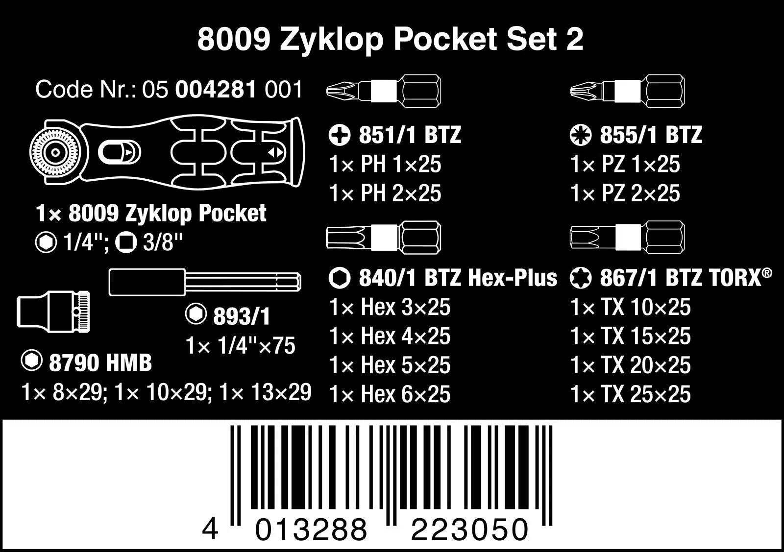 Wera Compact Screwdriver Socket Wrench Zyklop Pocket Set 2 18 Pieces 8009 3/8" Drive 1/4" Hex 