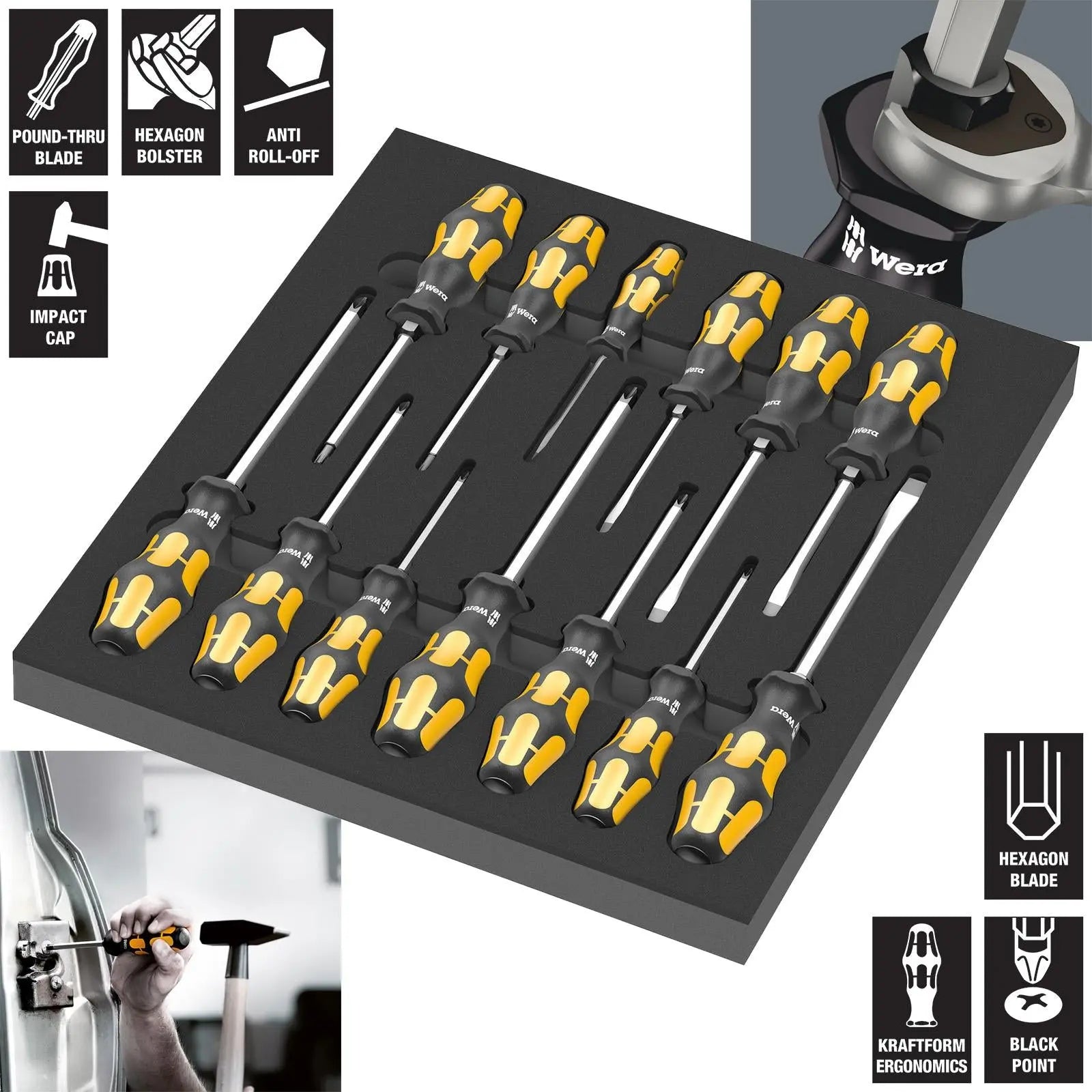Wera Foam Insert Chiseldriver Screwdriver Set 1 Hammer Cap 9714 Phillips Pozi Torx Slotted 13 Pieces  White Rose Tools