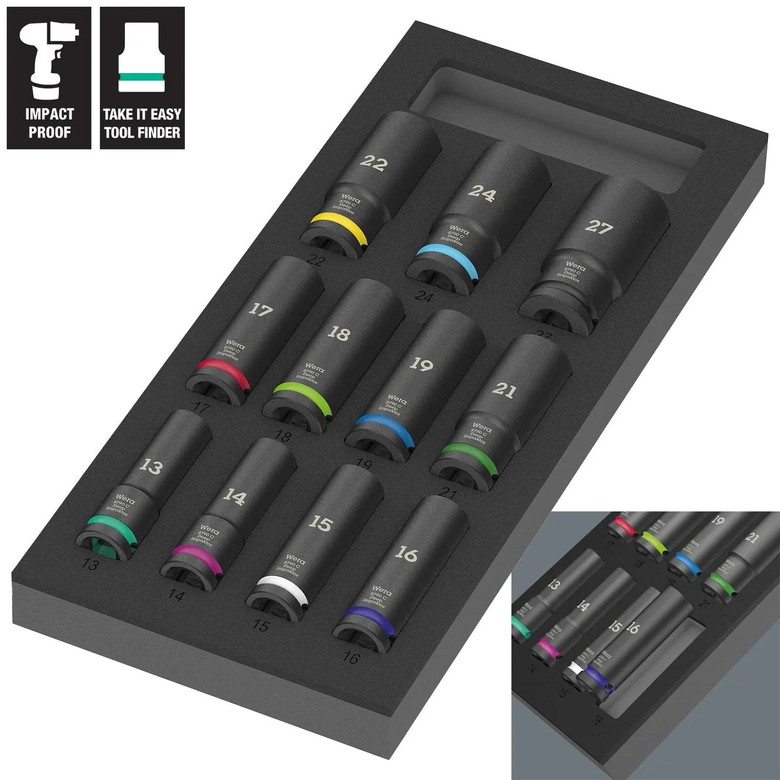 Wera Foam Insert Deep Impact Socket Set Zyklop C Impaktor Deep Socket Set 1 1/2" Drive 13-27mm 9725 11 Pieces  White Rose Tools