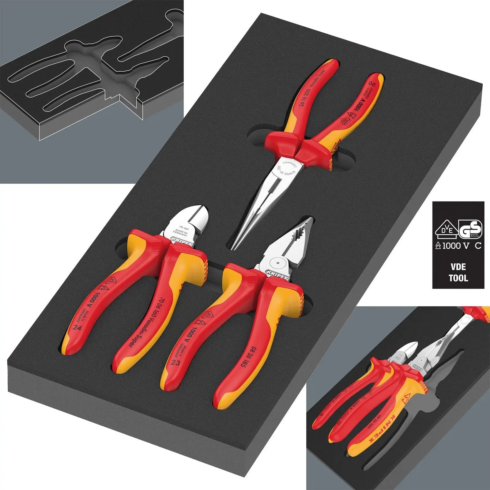 Wera Foam Insert KNIPEX Pliers Set VDE 1 Diagonal Stripper Snipe Nose Needle Nose Combination Pliers 9784 3 Pieces  White Rose Tools