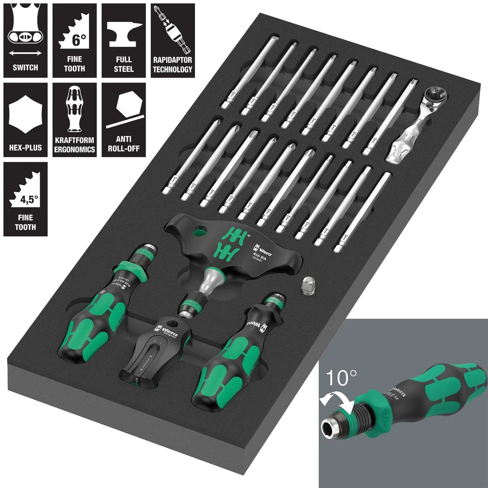 Wera Foam Insert Ratchet Screwdriver Set with Interchangable Bits 9752 Kraftform Kompact with Ratchet Functionality Set 1 24 Pieces  White Rose Tools