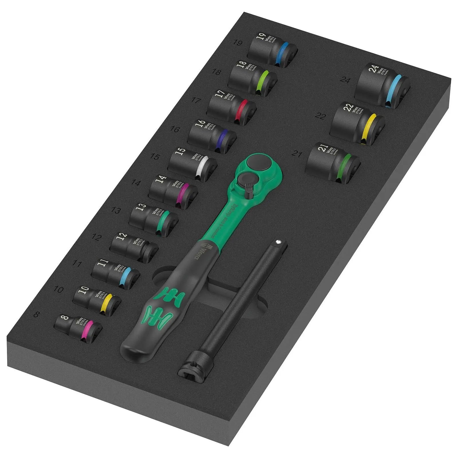 Wera Foam Insert Ratchet Wrench Socket Set 8010 B Zyklop Comfort Ratchet Set 1 3/8" Drive 9724 16 Pieces  White Rose Tools