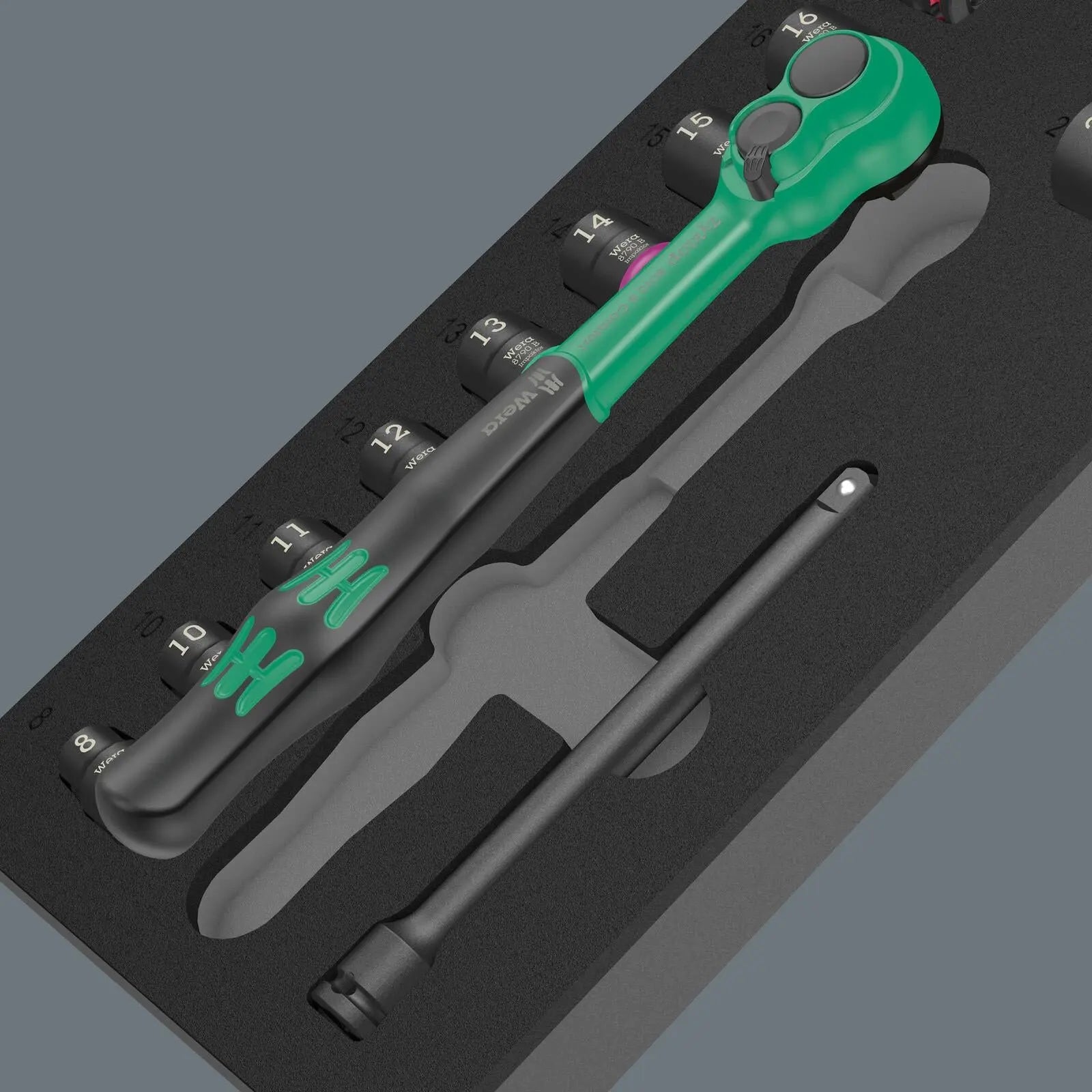 Wera Foam Insert Ratchet Wrench Socket Set 8010 B Zyklop Comfort Ratchet Set 1 3/8" Drive 9724 16 Pieces  White Rose Tools