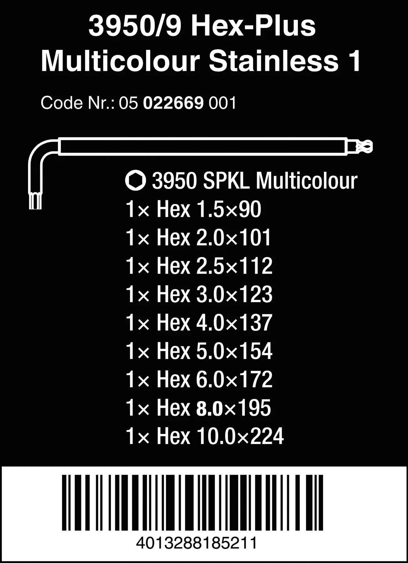 Wera Hex Key Set 3950/9 Multicolour Stainless Steel 1 L-Key Metric 9 Piece 1.5-10mm  White Rose Tools