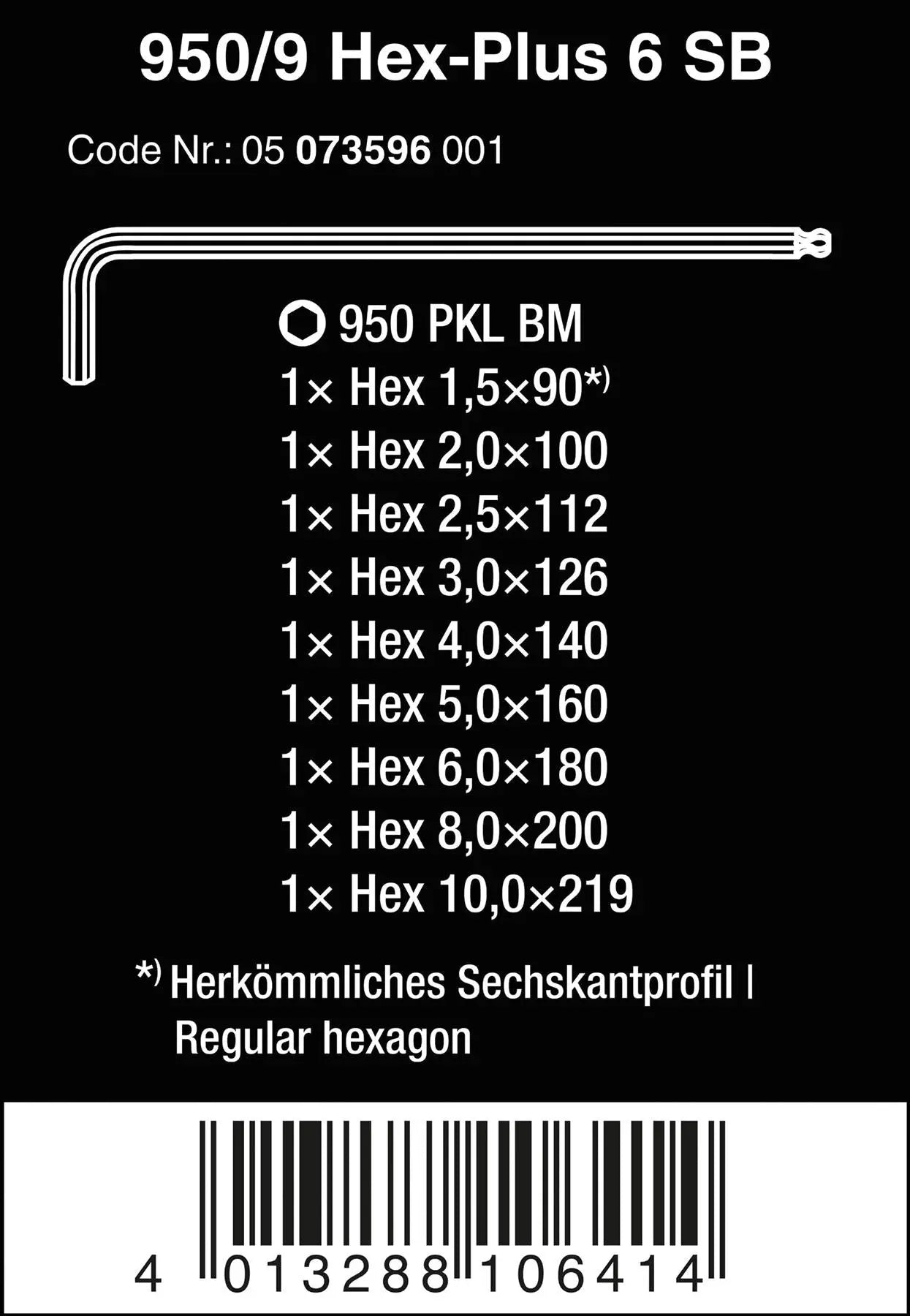 Wera Hex Key Set 950/9 Hex Plus 6 SB L-Key Set Metric BlackLaser 9 Piece 1.5-10mm  White Rose Tools