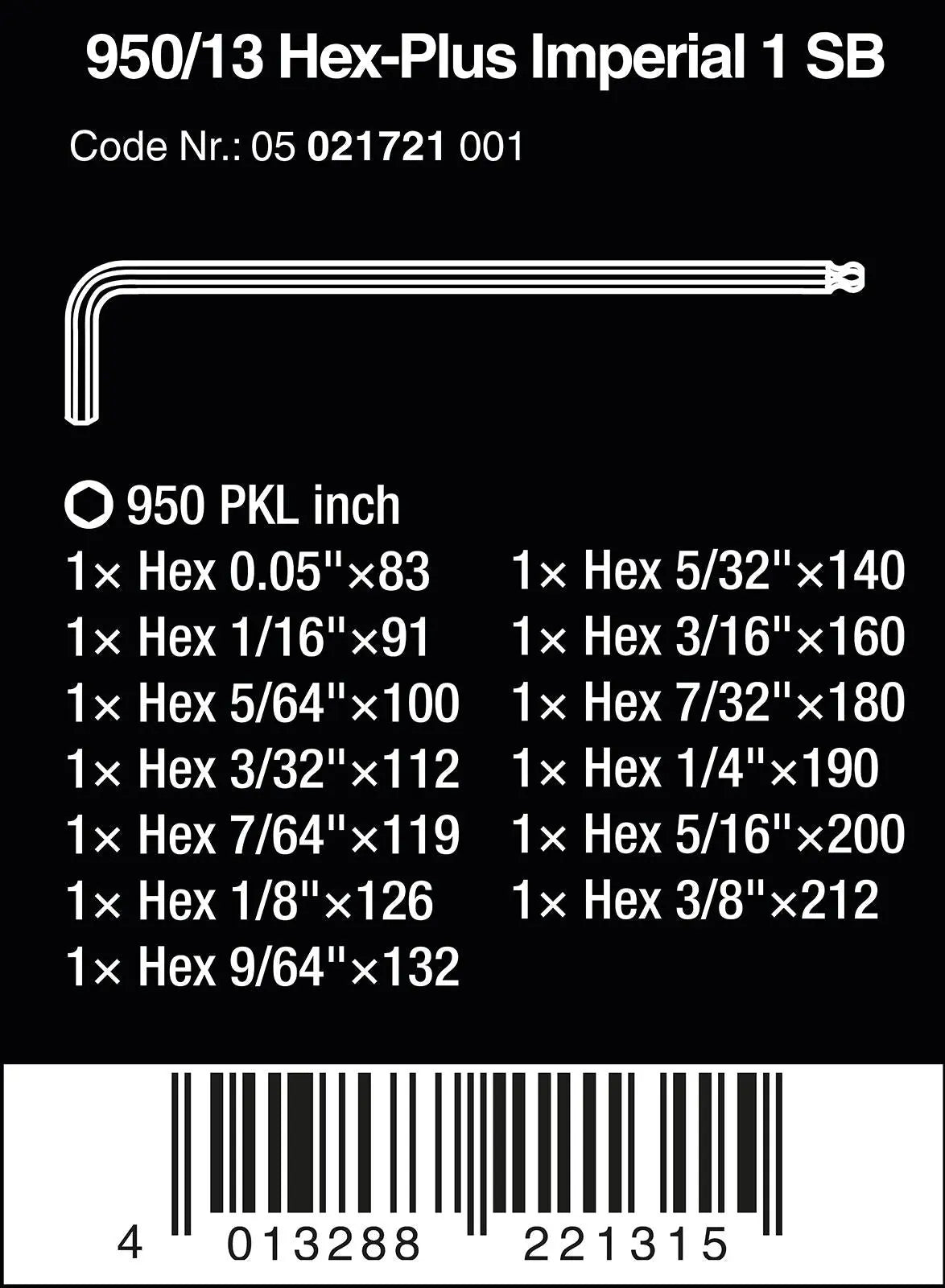 Wera Hex Plus Imperial 1 SB L Key Set BlackLaser 13 Piece 1/4"-3/8 