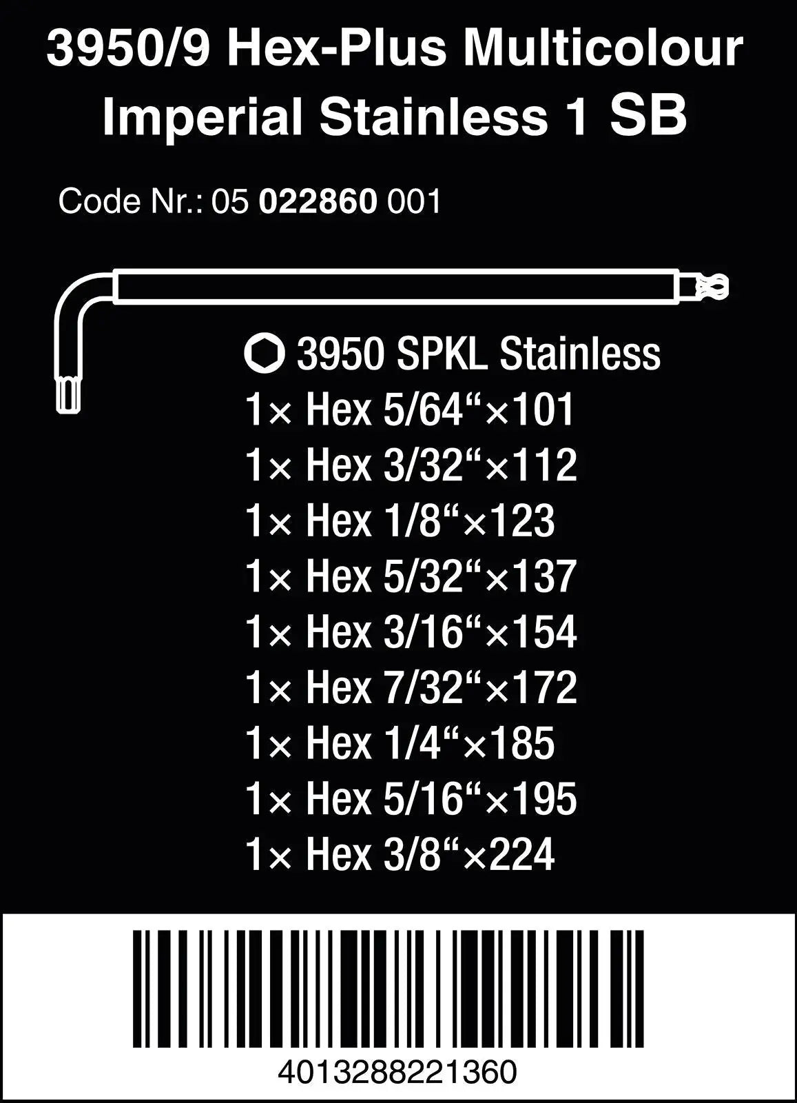 Wera Hex Plus Multicolour Imperial Stainless Steel 1 Key Set 9 Piece 5/64"-3/8 