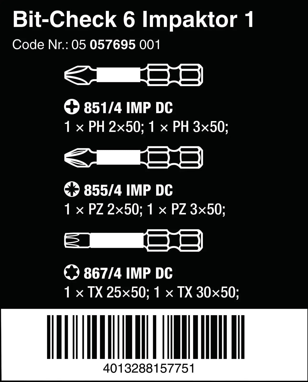 Wera Impact Screwdriver Bit Set Bit Check 6 Impaktor 1 PH PZ TX 6 Pieces 