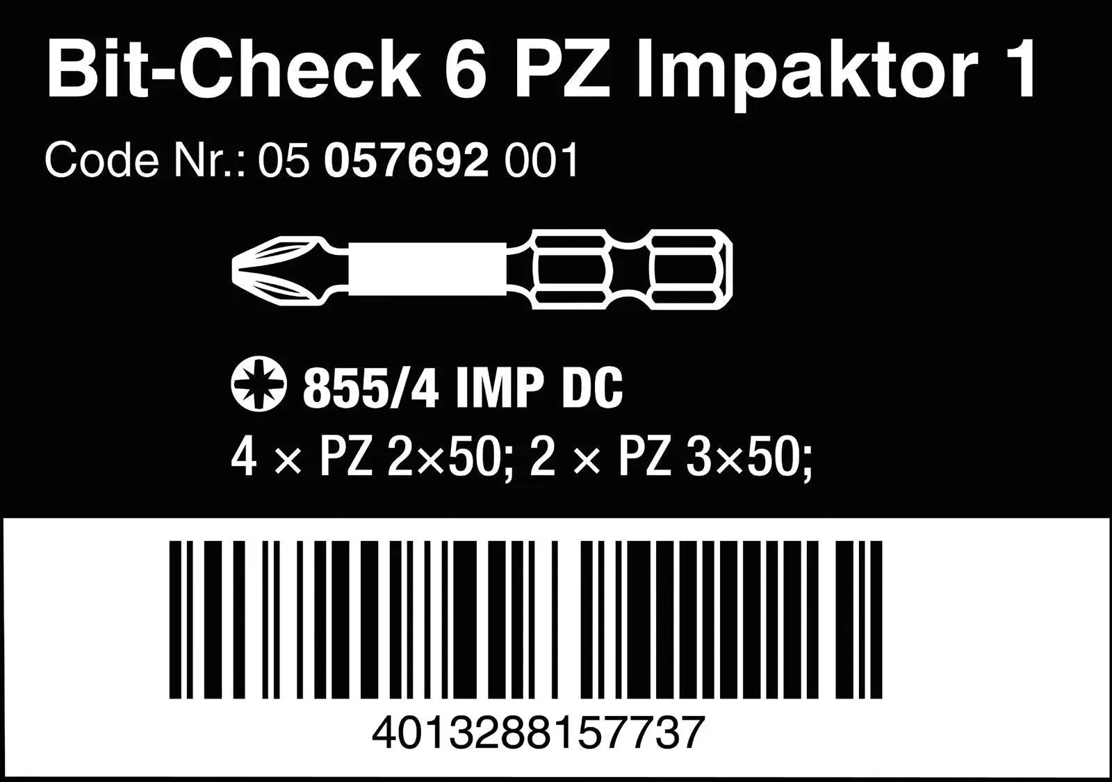 Wera Impact Screwdriver Bit Set Bit Check 6 PZ Impaktor 1 Pozi 6 Pieces  White Rose Tools