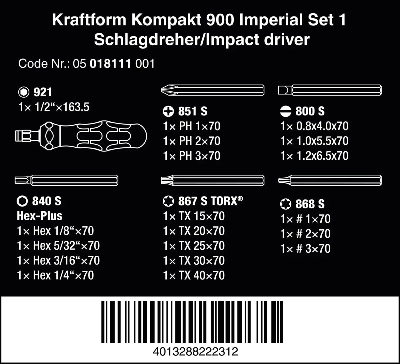 Wera Impact Screwdriver Kraftform Kompakt 900 Imperial Set 1 19 Pieces in Case 