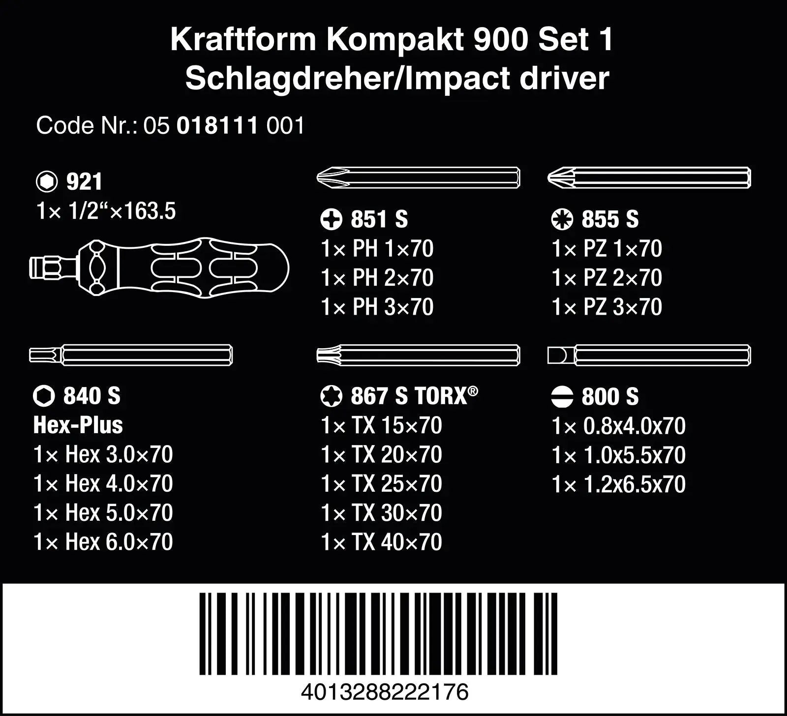 Wera Impact Screwdriver Kraftform Kompakt 900 Set 1 19 Pieces in Case 