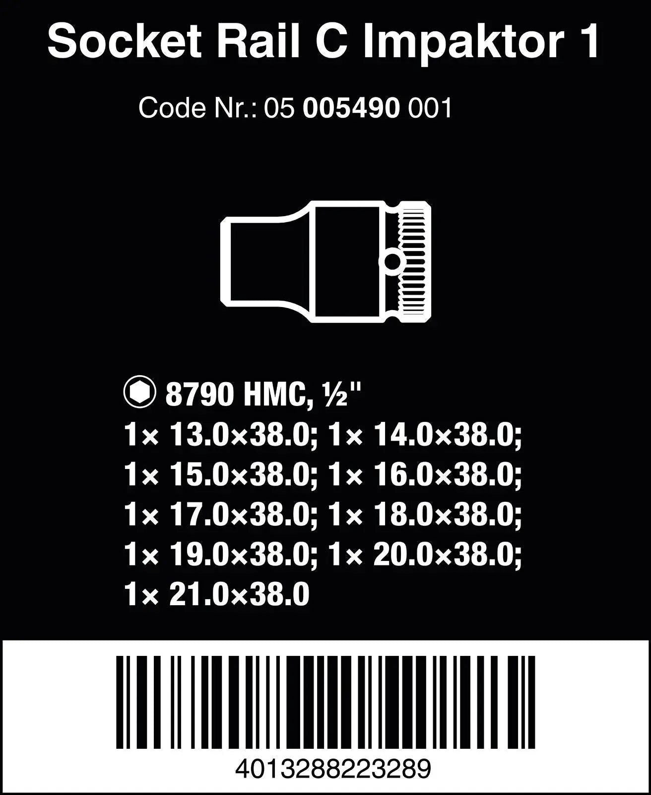 Wera Impact Socket Set 1/2" Drive on Magnetic Socket Rail C Impaktor 1 Zyklop 9 Pieces Metric 13-21mm 